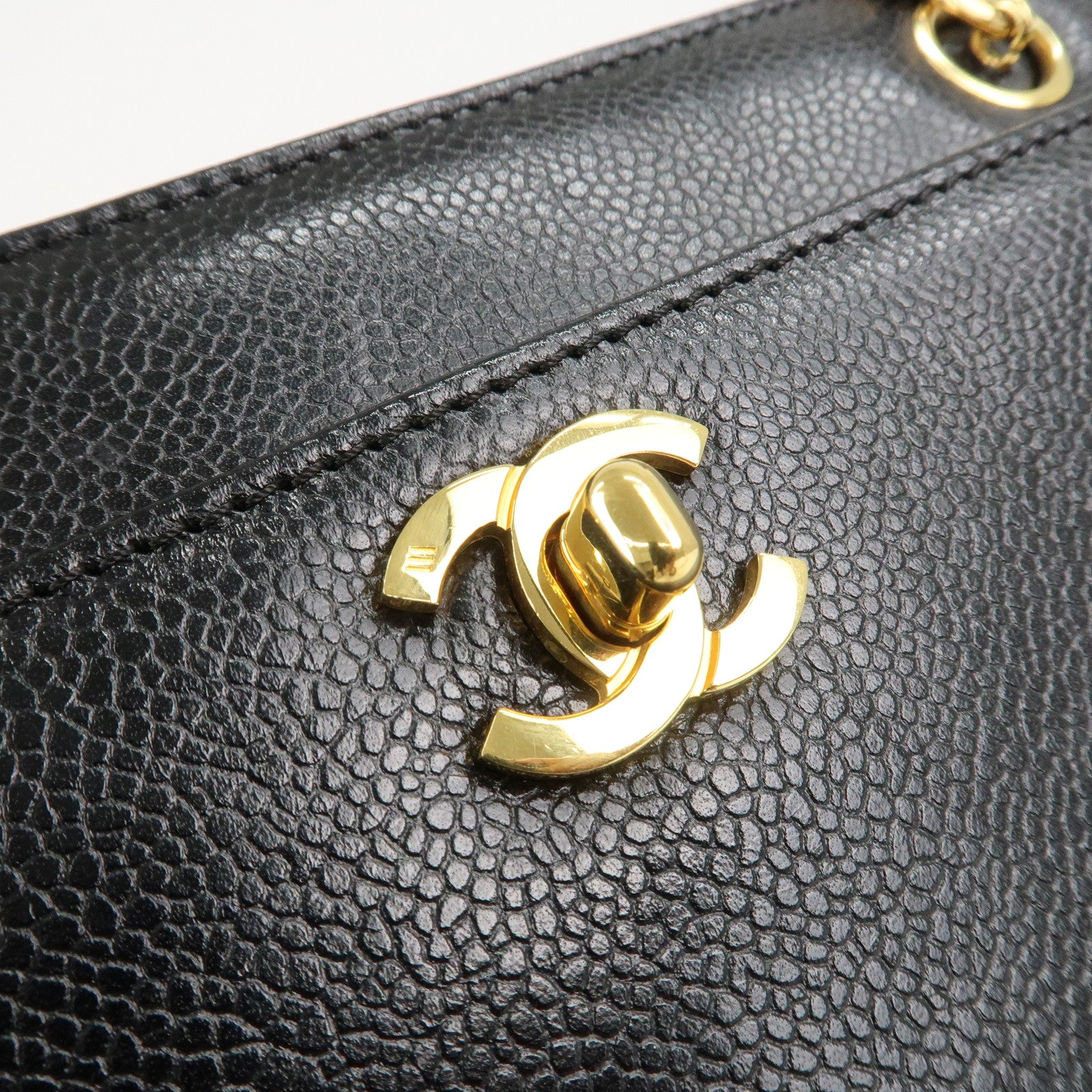 CHANEL COCO Mark Caviar Skin Chain Tote Bag Black Gold Used