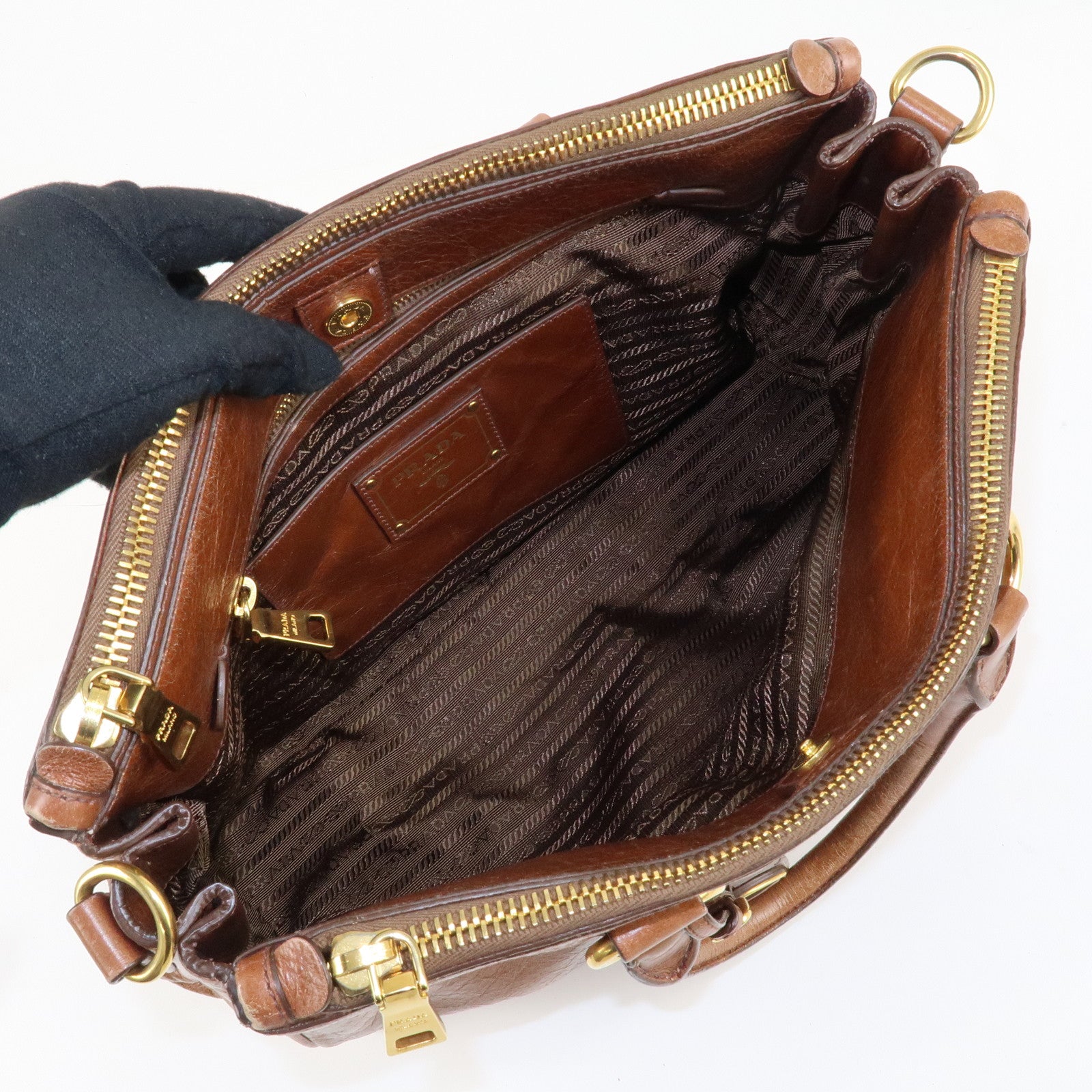 PRADA Leather 2Way Bag Shoulder Bag Hand Bag Brown Used