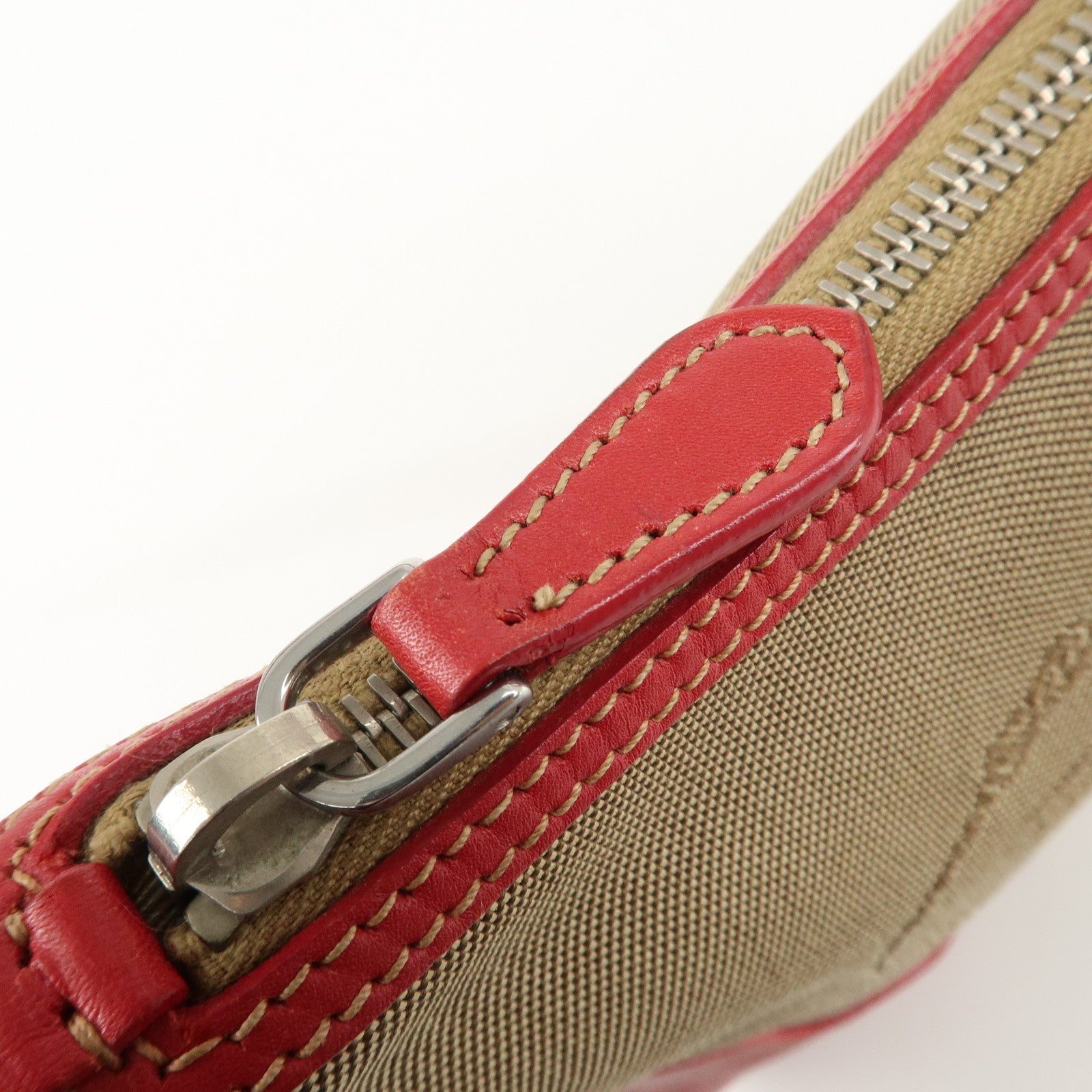 PRADA Logo Jacquard Leather Shoulder Bag Beige Red Used