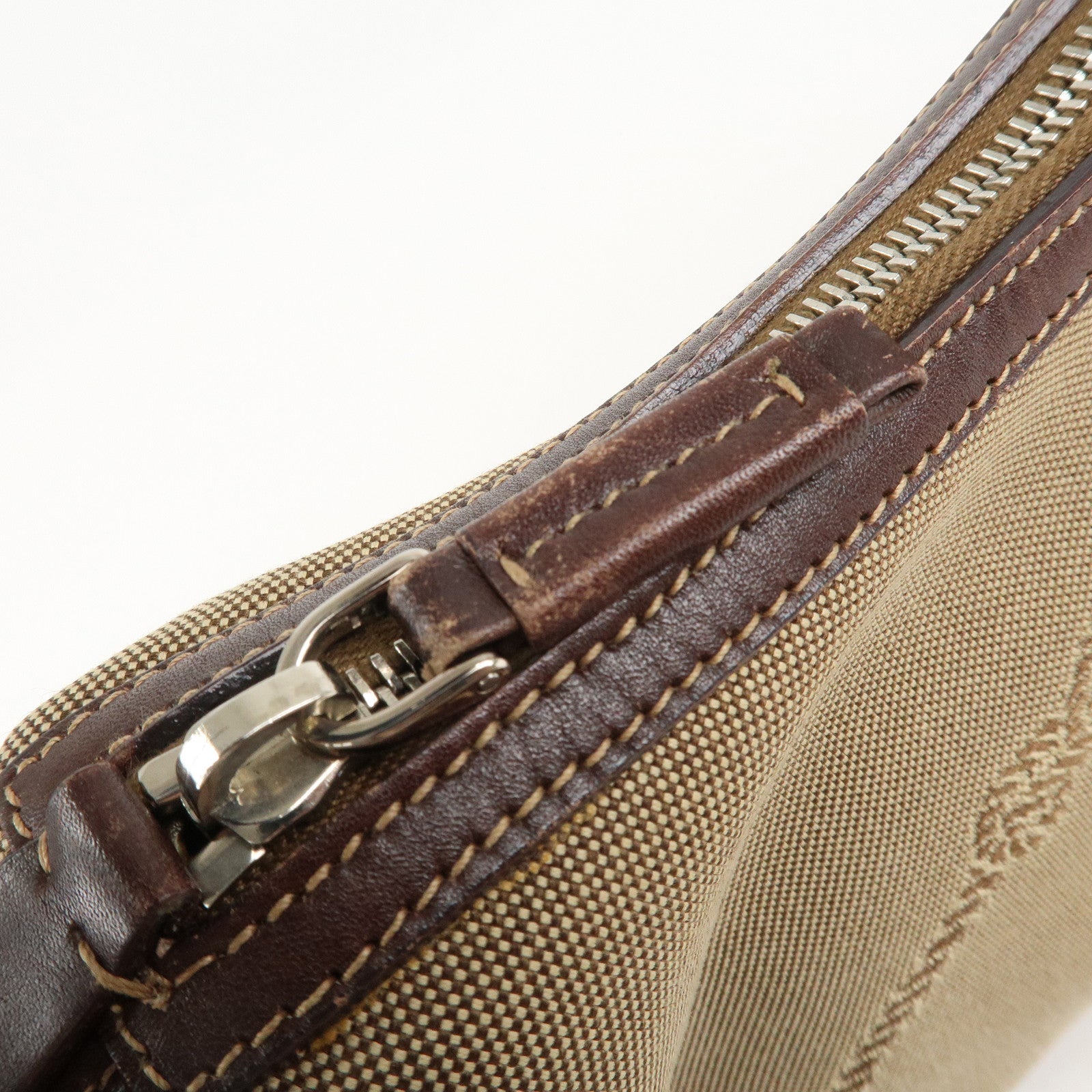 PRADA Logo Jacquard Leather Shoulder Bag Beige Brown Used