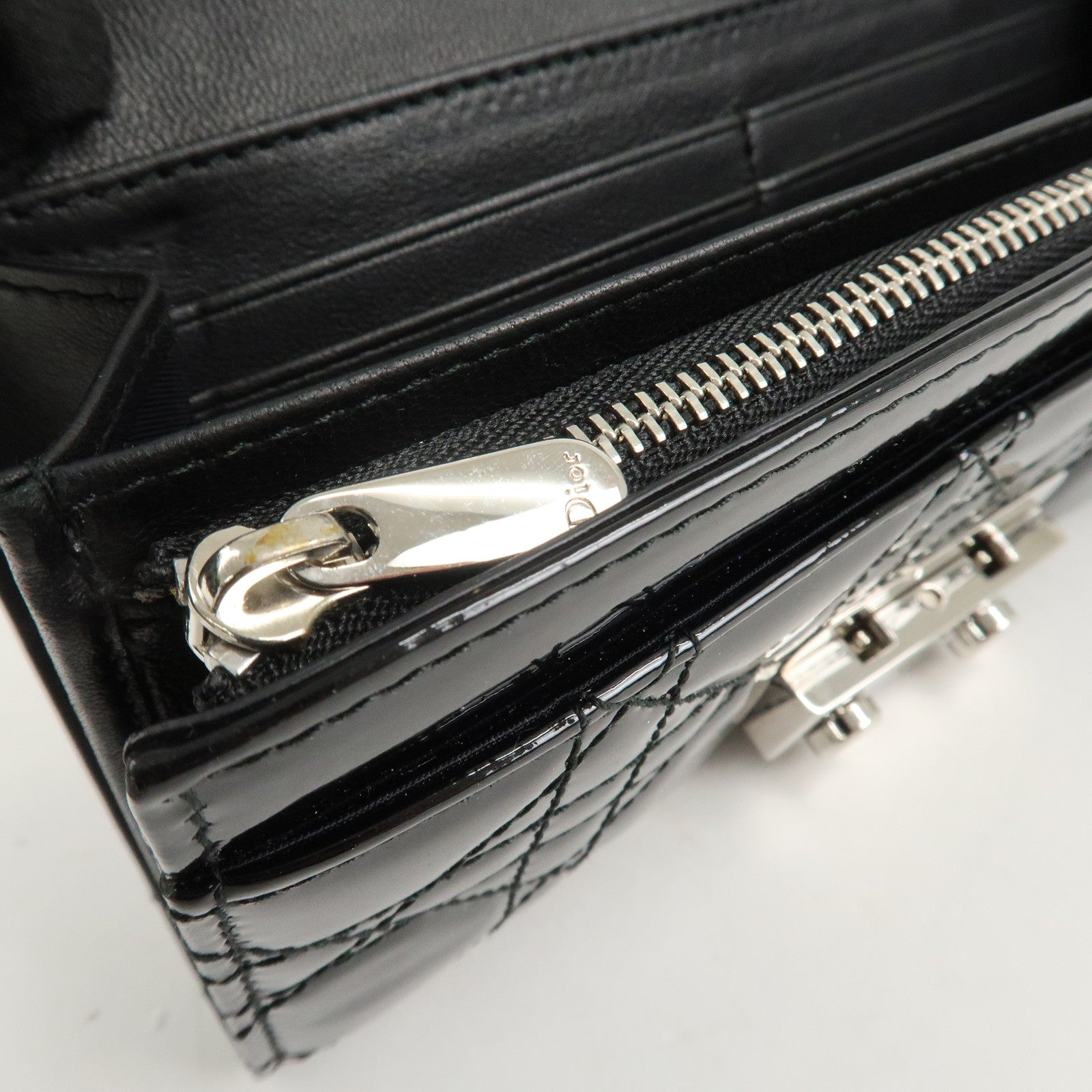 Christian Dior New Lock Cannage Patent Leather Chain Long Wallet Used