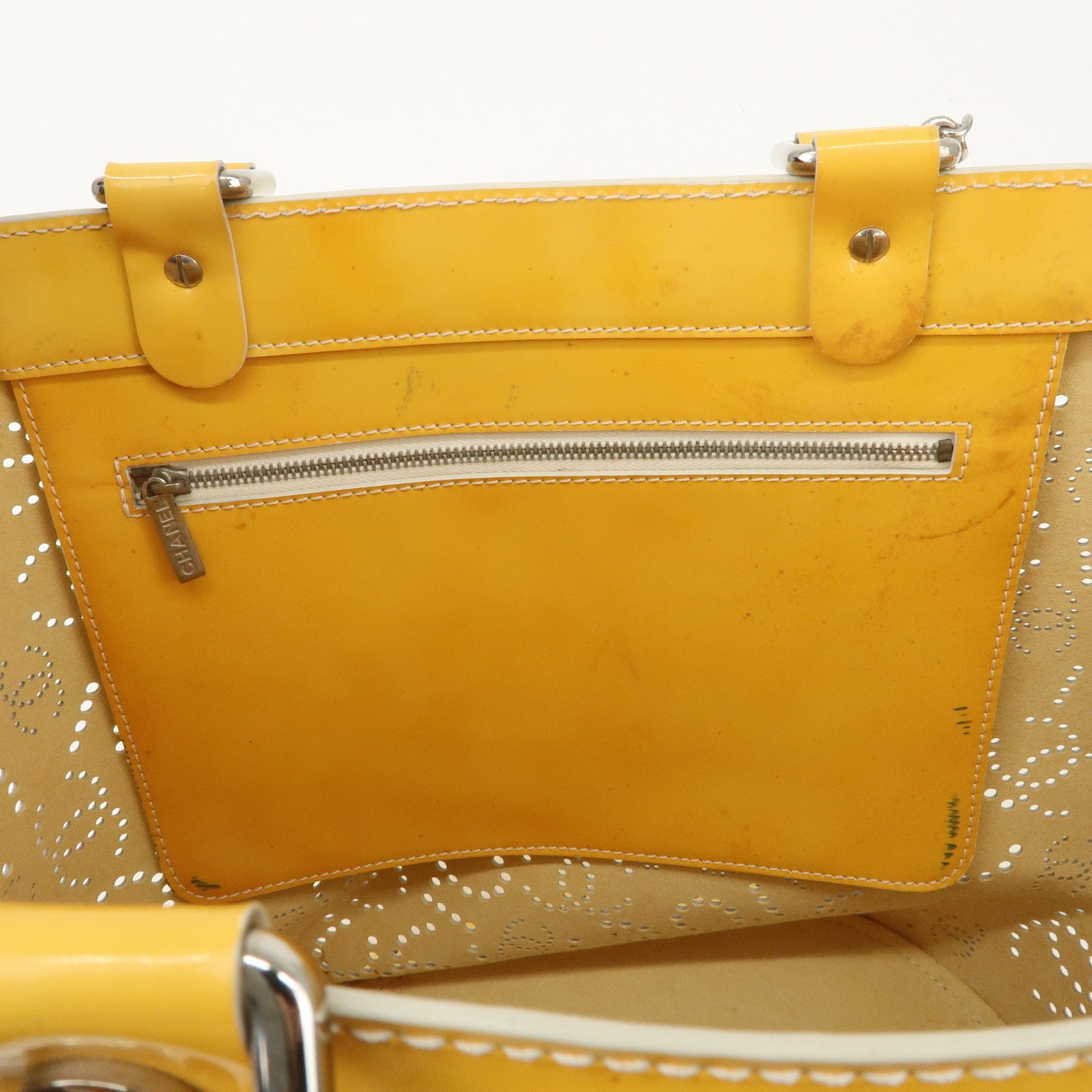 CHANEL COCO Mark No.5 Patent Leather Punching Hand Bag Yellow Used