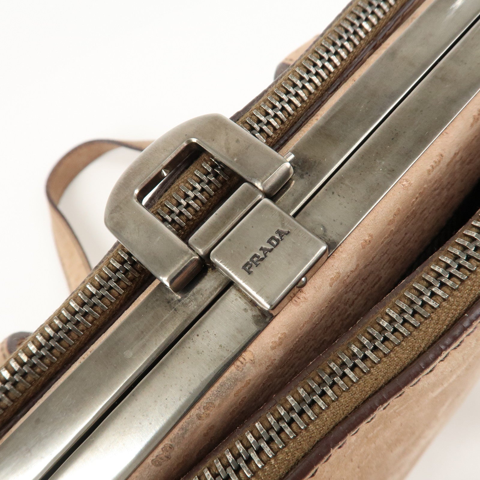 PRADA Logo Suede Clasp Tote Bag Hand Bag Beige BR1935 F/S Used