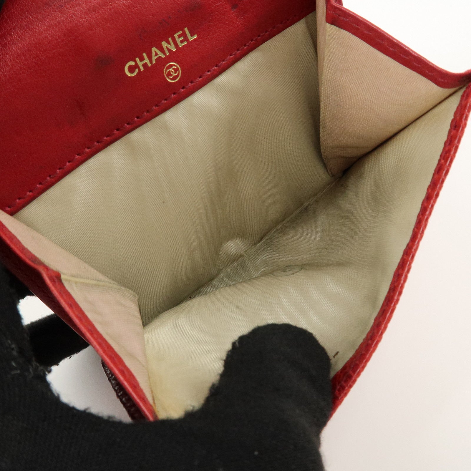 CHANEL Caviar Skin Coco Mark W Hook Compact Wallet A01427 Used