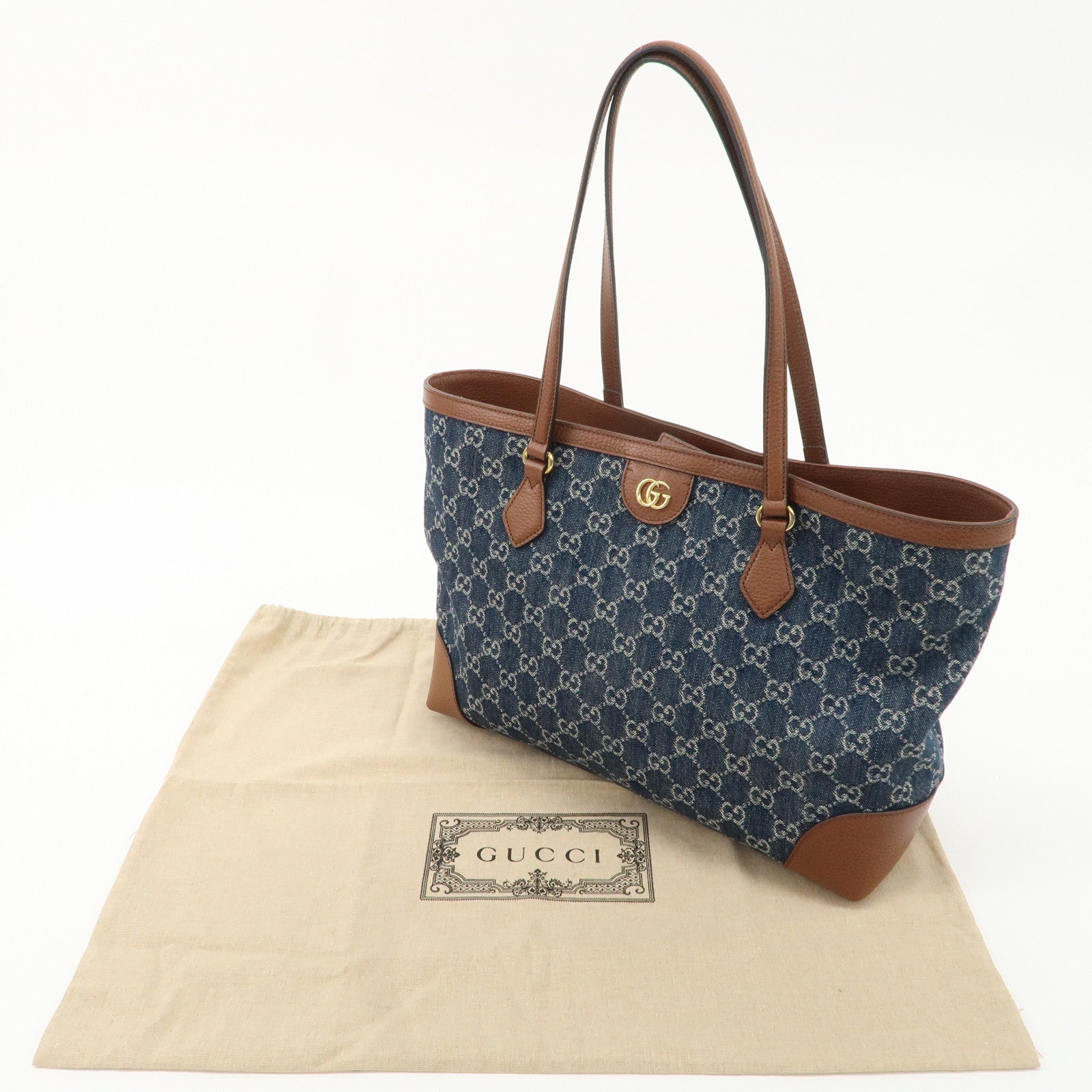 GUCCI Sherry Ophidia GG Denim Leather Medium Tote Bag 631685 Used