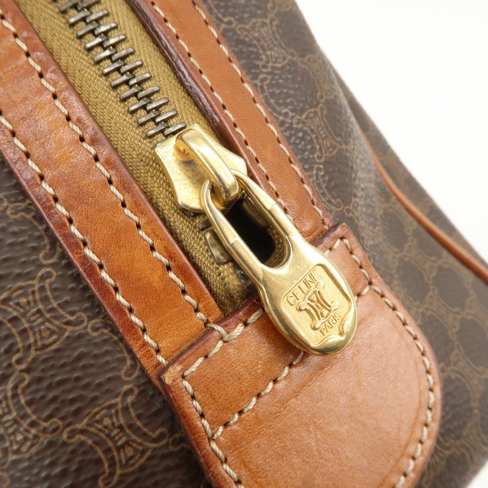 CELINE Macadam PVC Leather Boston Bag Hand Bag Brown Used