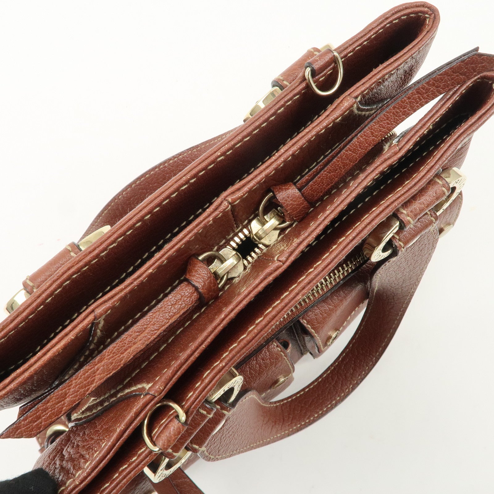 BVLGARI Leather Front Pocket Hand Bag Tote Bag Brown Used