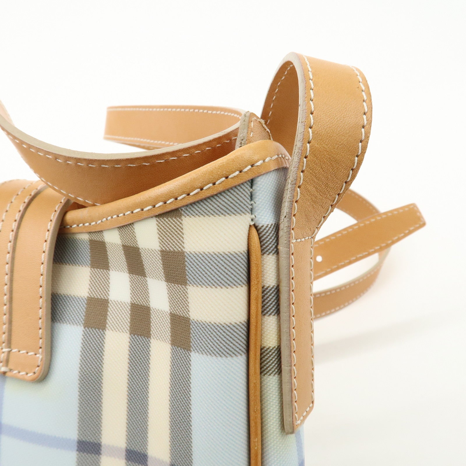 BURBERRY PVC Leather Nova Plaid Shoulder Bag Hand Bag Beige Blue Used