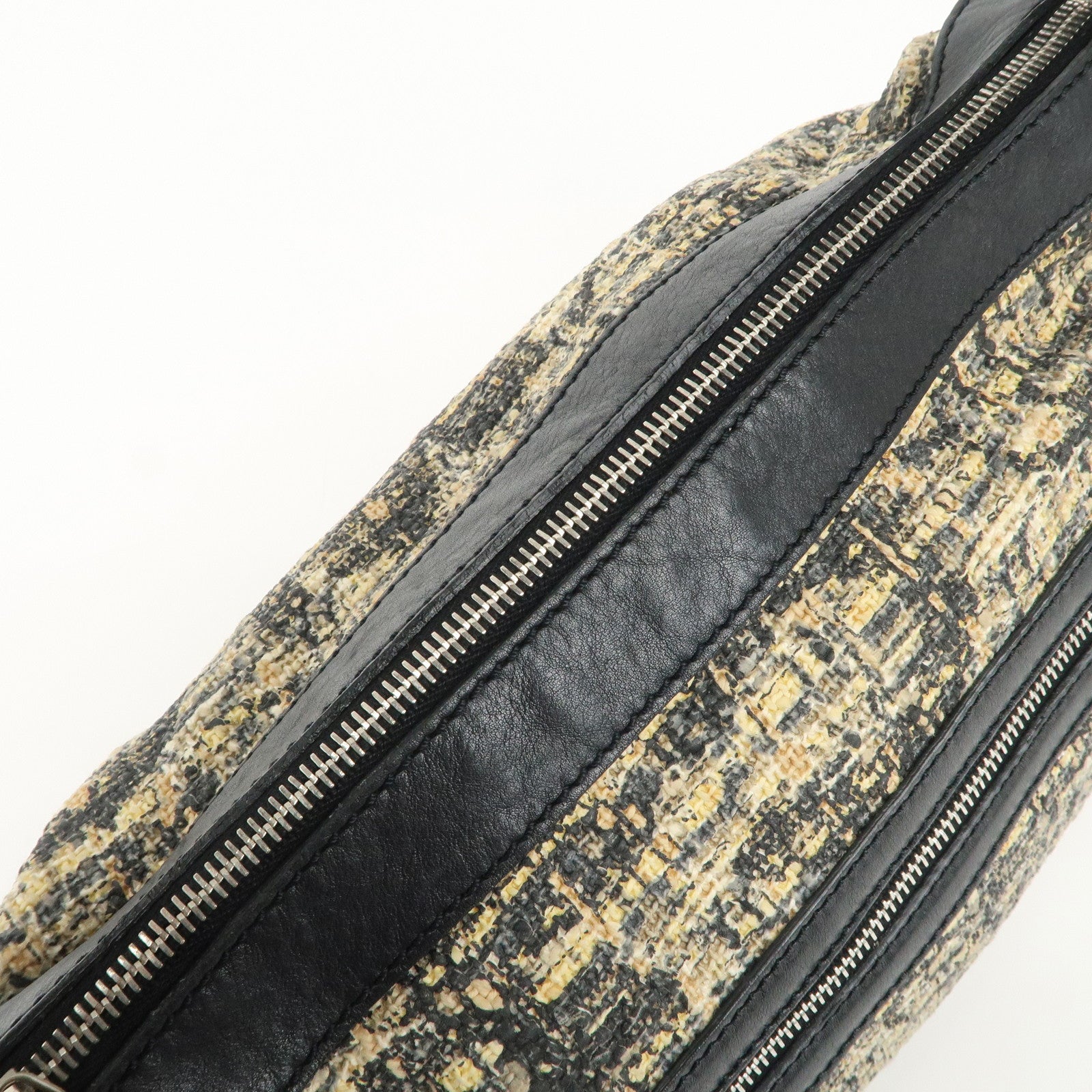 CHANEL Tweed Leather Shoulder Bag Hand Bag Black Beige Used