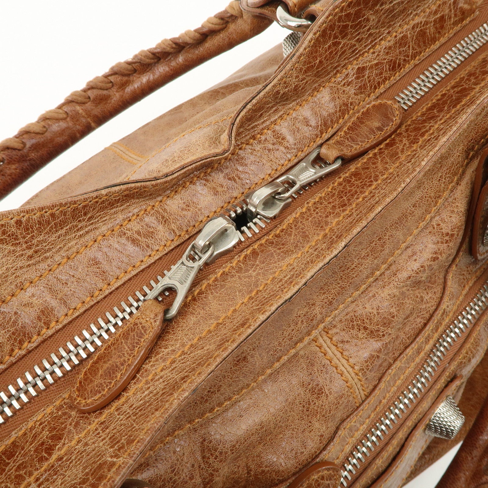 BALENCIAGA Giant City 2Way Bag Hand Bag Brown Silver HDW 173082 Used
