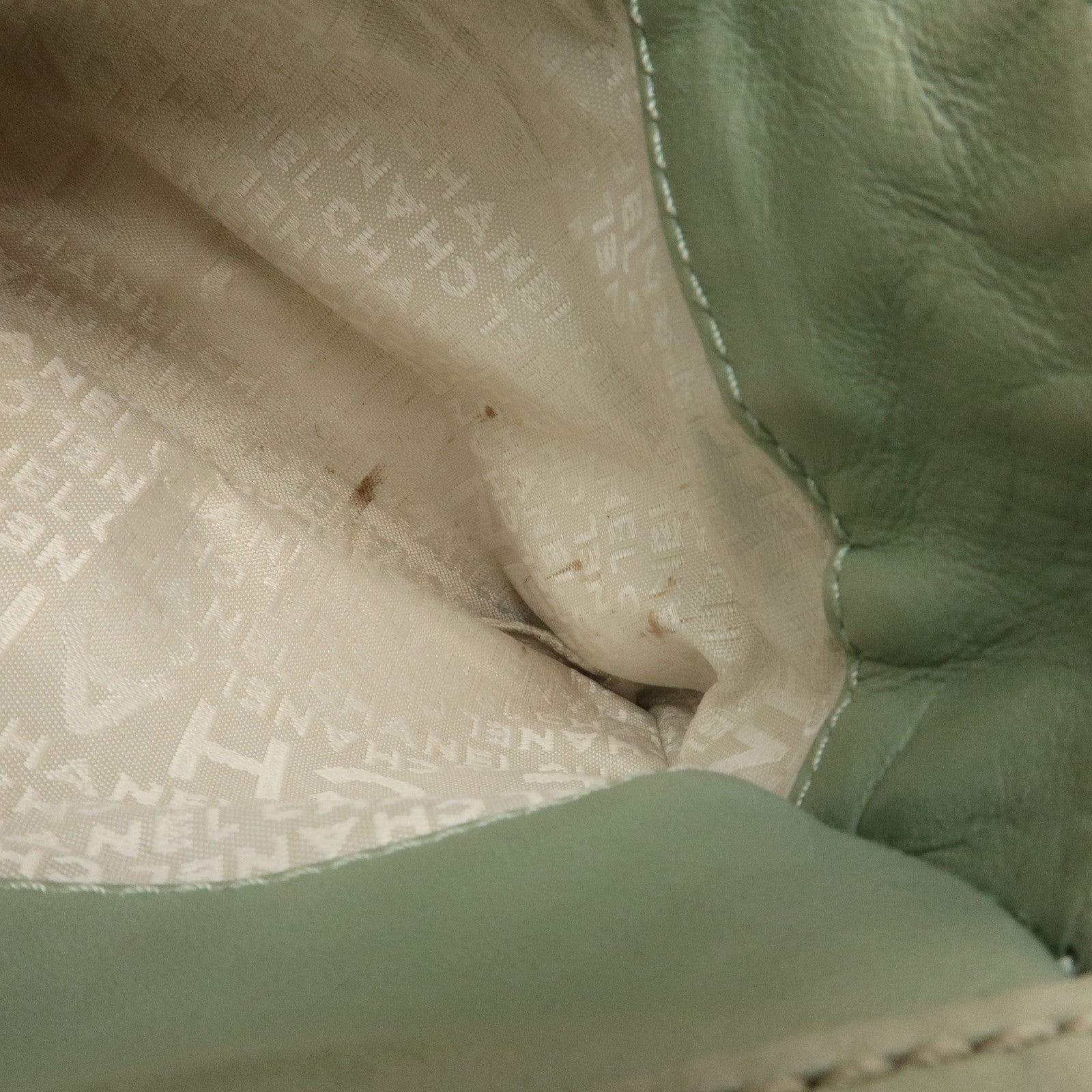 CHANEL Cotton Leather Chain Shoulder Bag Ivory Light Green Used