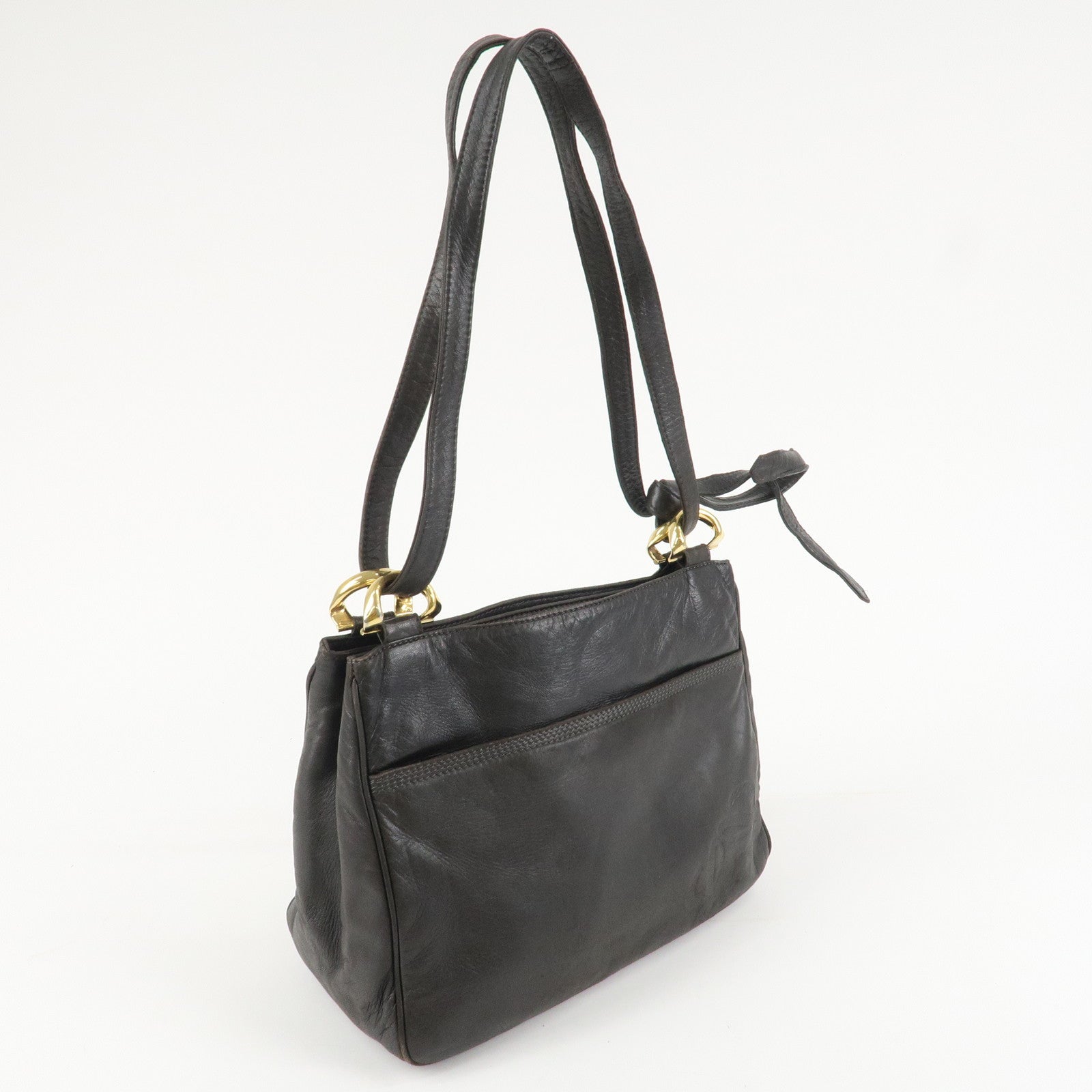 LOEWE Anagram Leather Shoulder Bag Gold Hardware Dark Brown Used