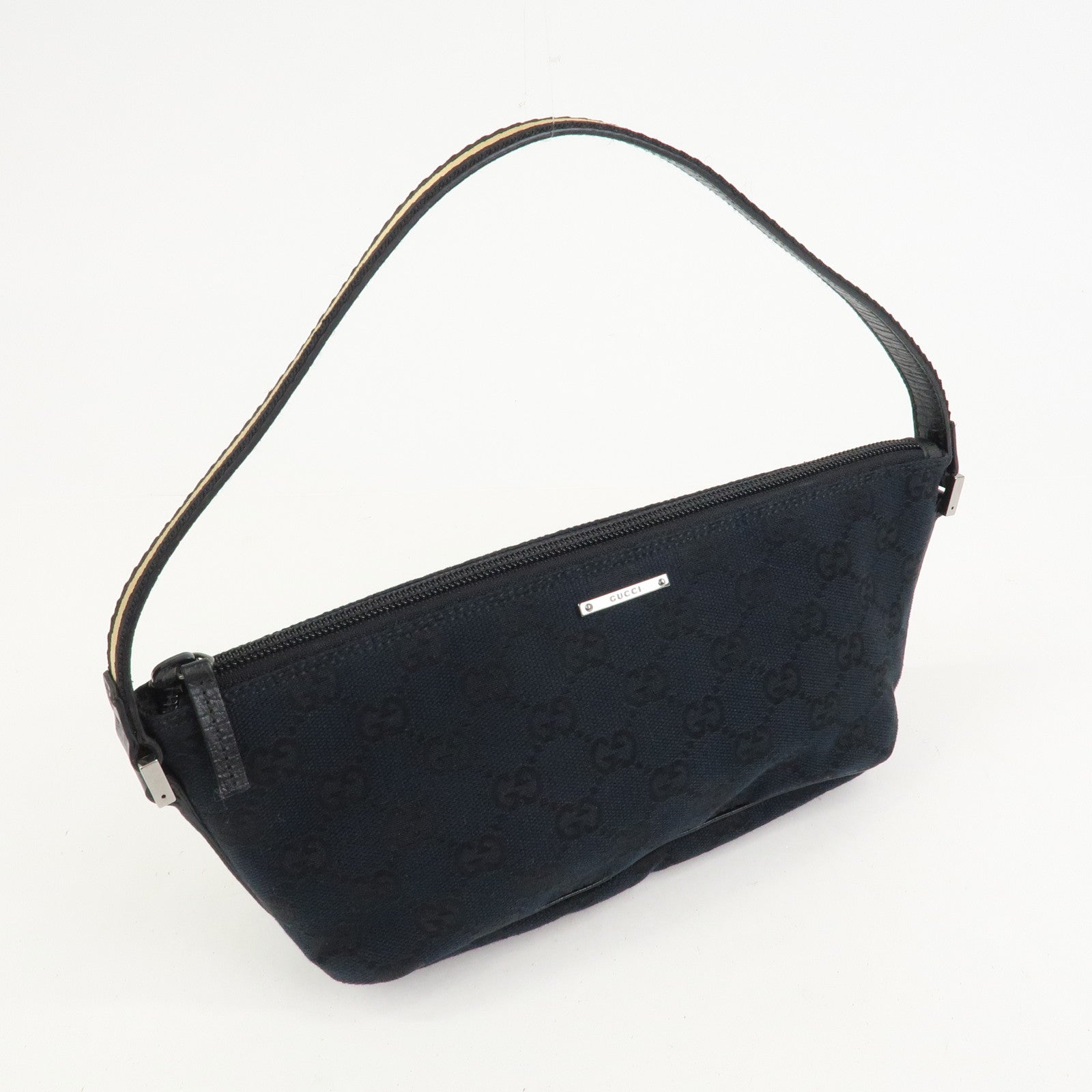 GUCCI Boat Bag Sherry GG Canvas Leather Hand Bag Black 141809