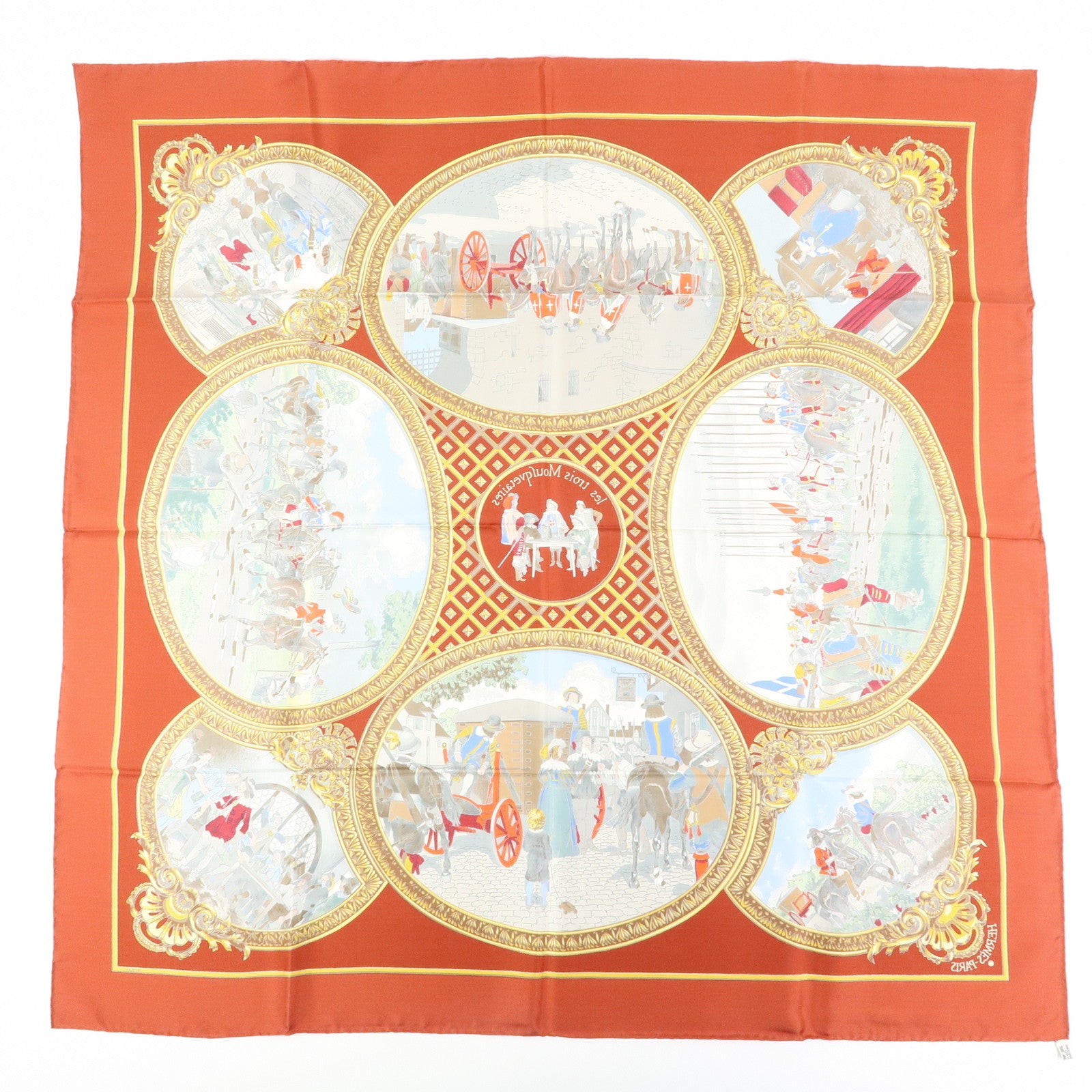 HERMES Carre 90 Silk 100% Scarf Les Trois Mousquetaires Brown Gold