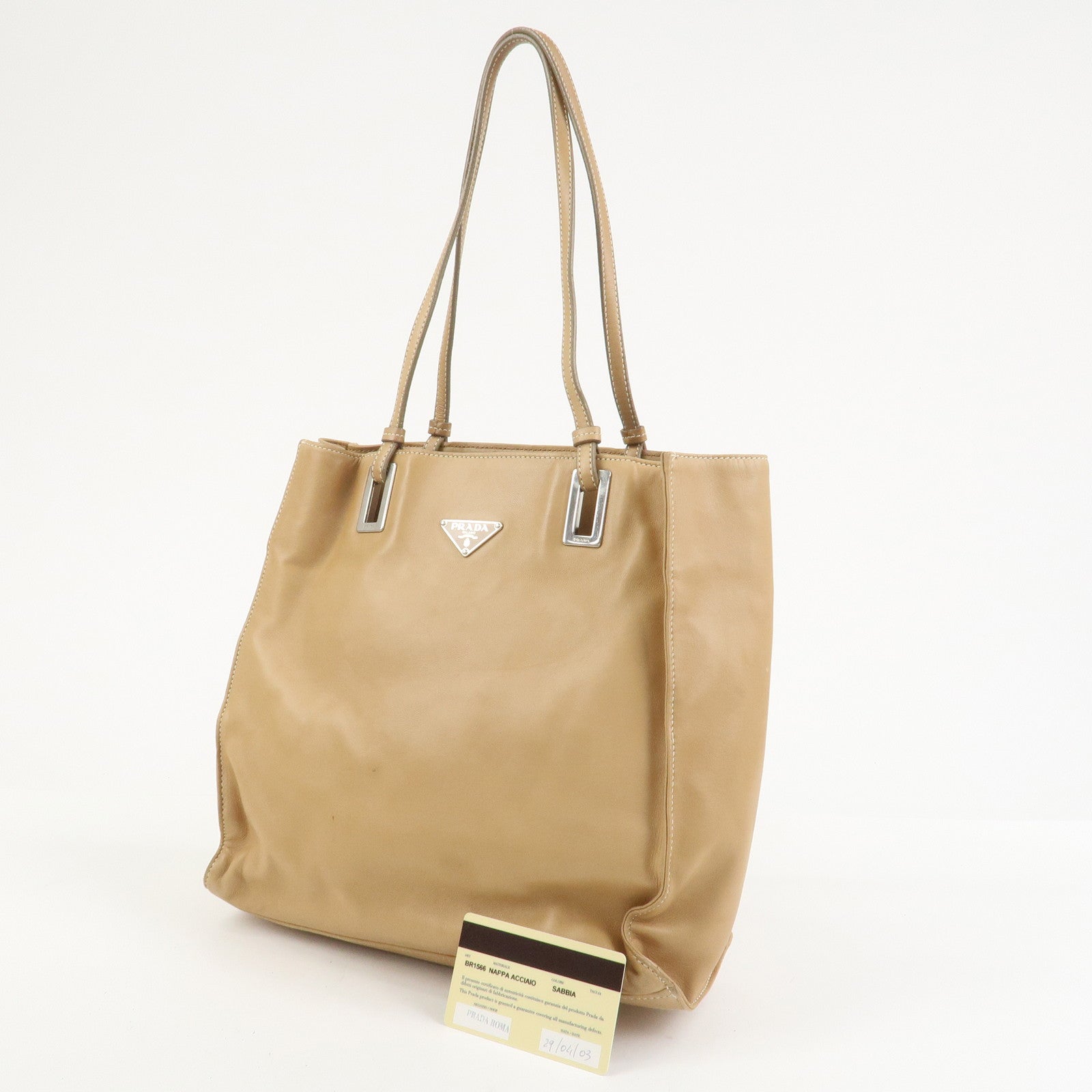 PRADA Triangle Logo Lambskin Tote Bag Shoulder Bag Beige BR1566