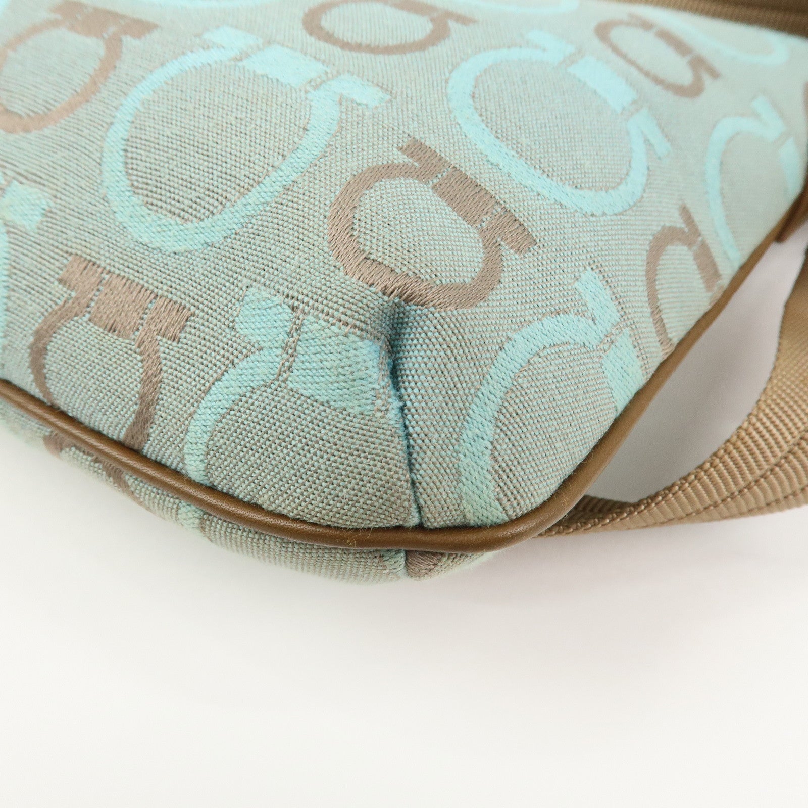 Ferragamo Gancini Logo Canvas Leather Shoulder Bag Light Blue Brown