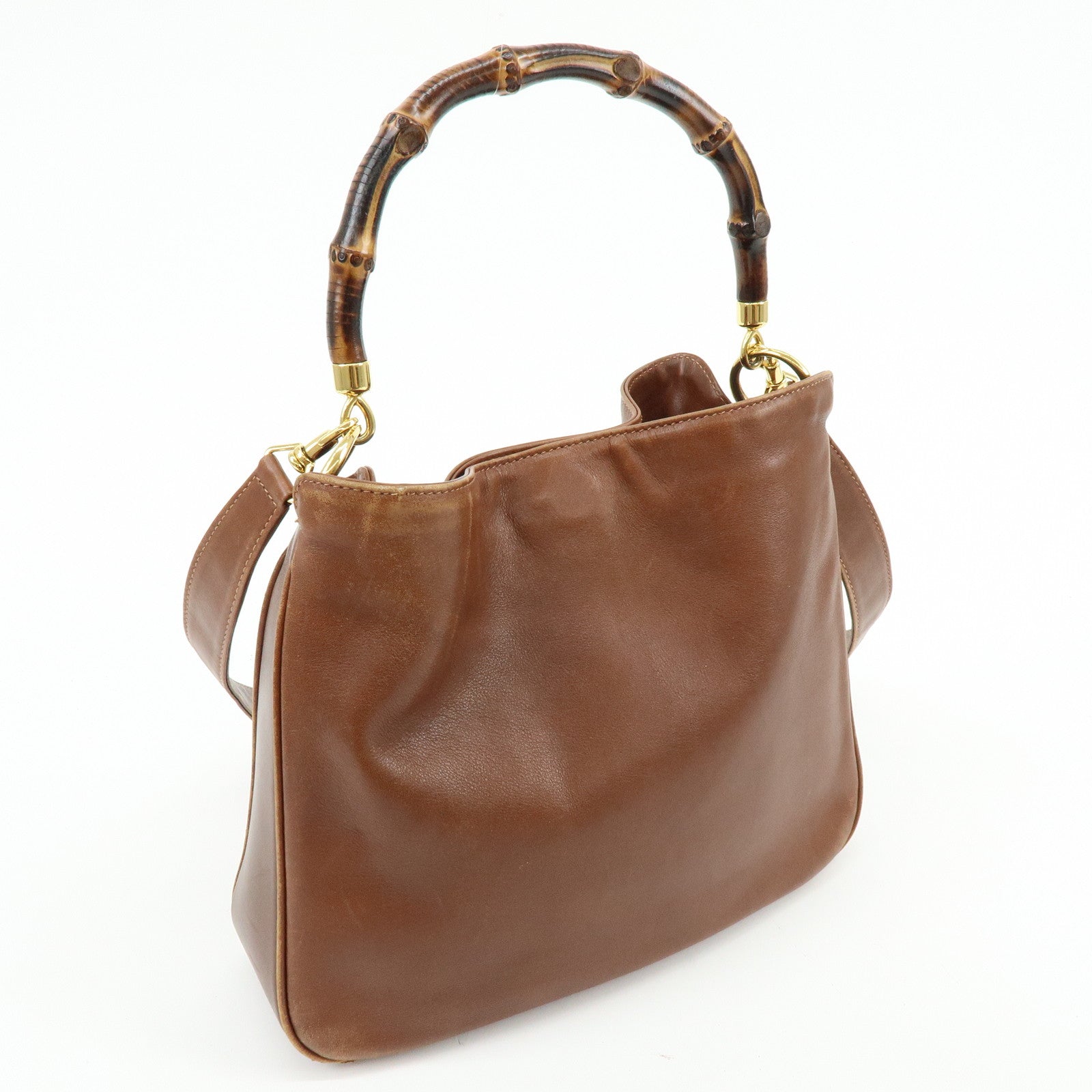 GUCCI Bamboo Leather 2Way Bag Shoulder Bag Brown 001.3444
