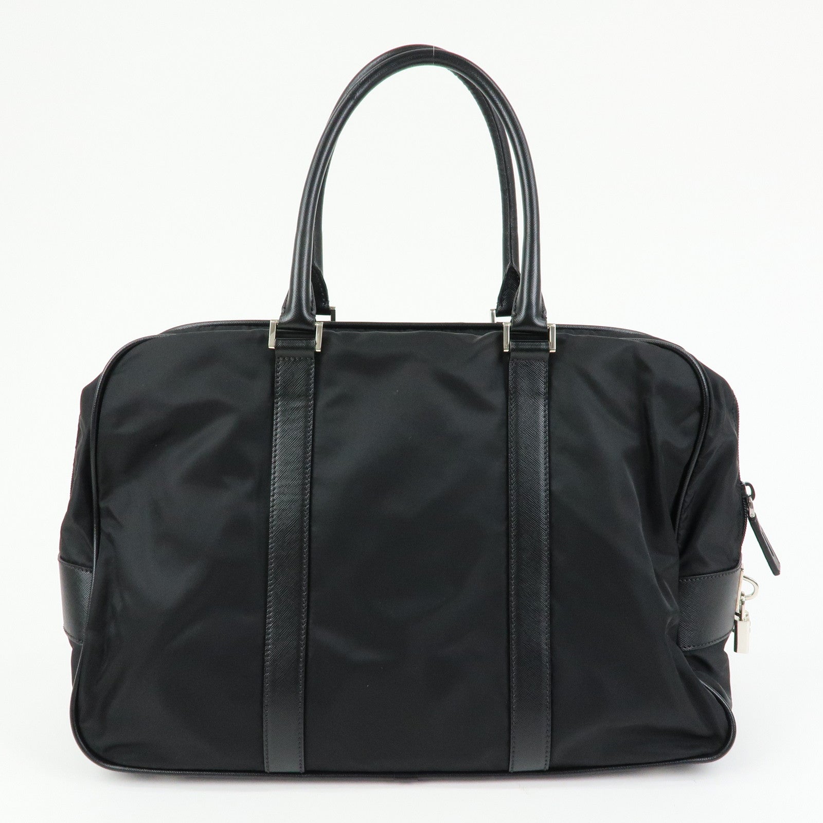 PRADA Triangle Logo Nylon Saffiano Leather Boston Bag Black VS0069