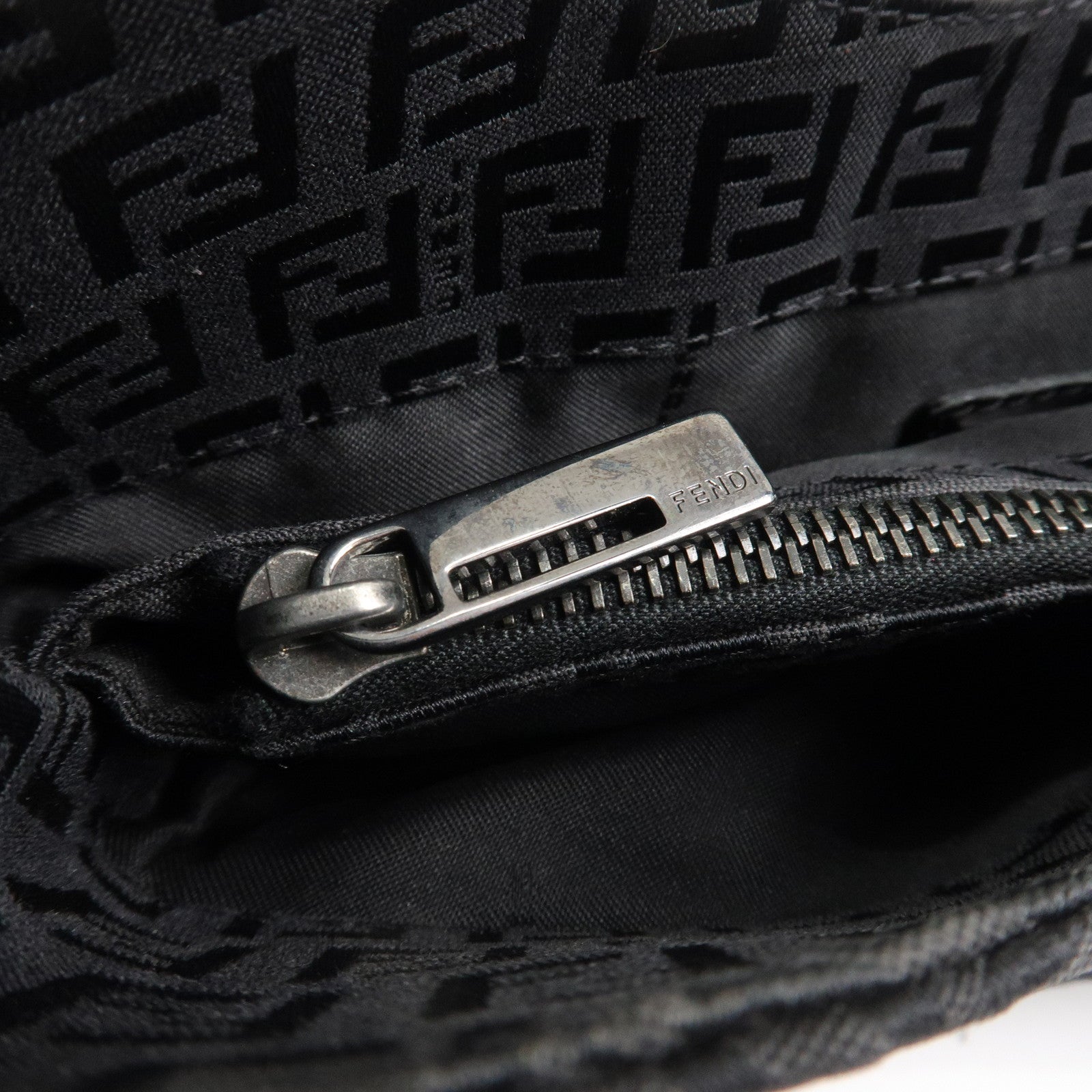 FENDI Zucchino Leather Canvas Shoulder Bag Black Used