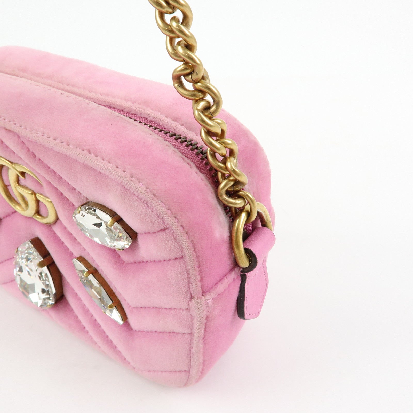 GUCCI GG Marmont Velvet Leather Rhinestone Shoulder Bag Pink 448065