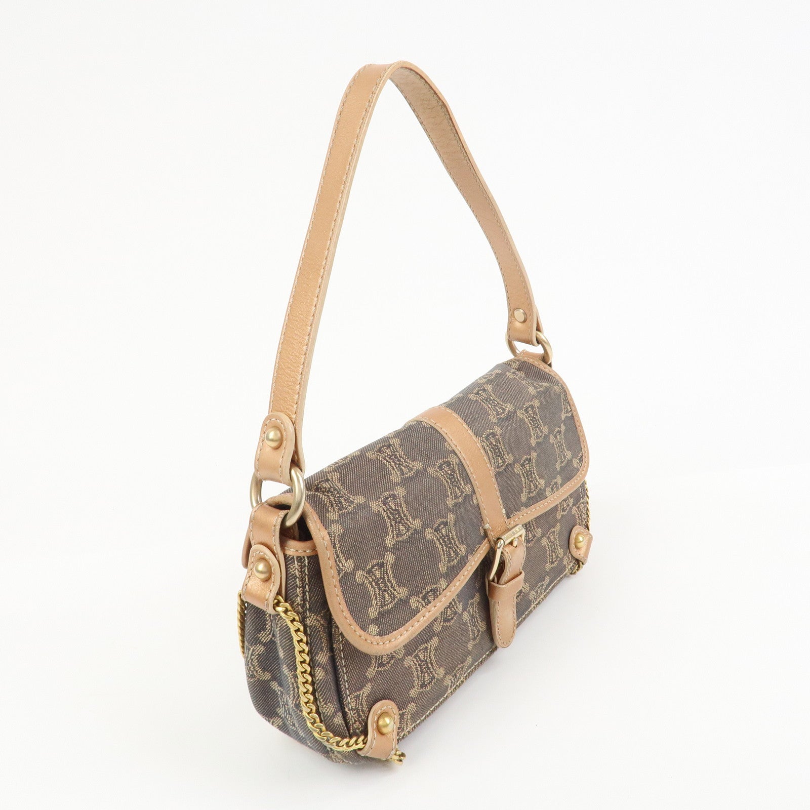 CELINE Macadam Denim Leather Shoulder Bag Hand Bag Light Brown
