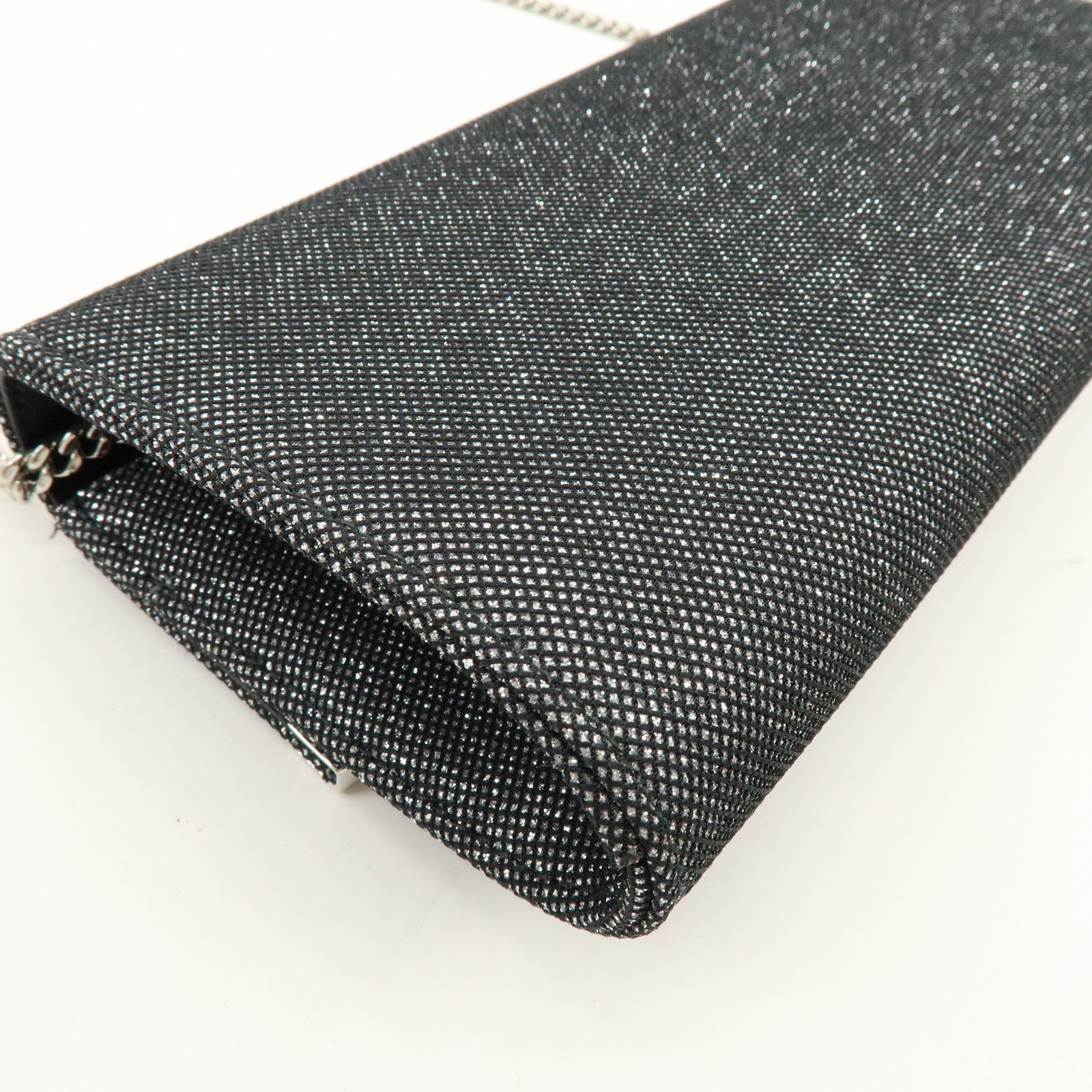 JIMMY CHOO Emmie Canvas Leather Chain Shoulder Bag Silver Black