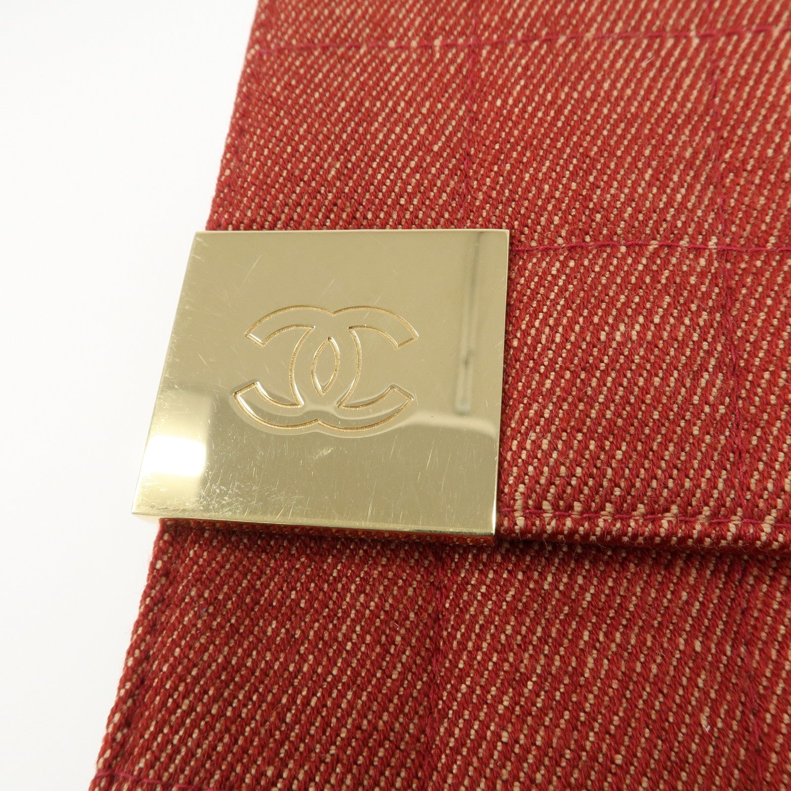 CHANEL Denim Lamb Skin Leather Chain Shoulder Bag Red