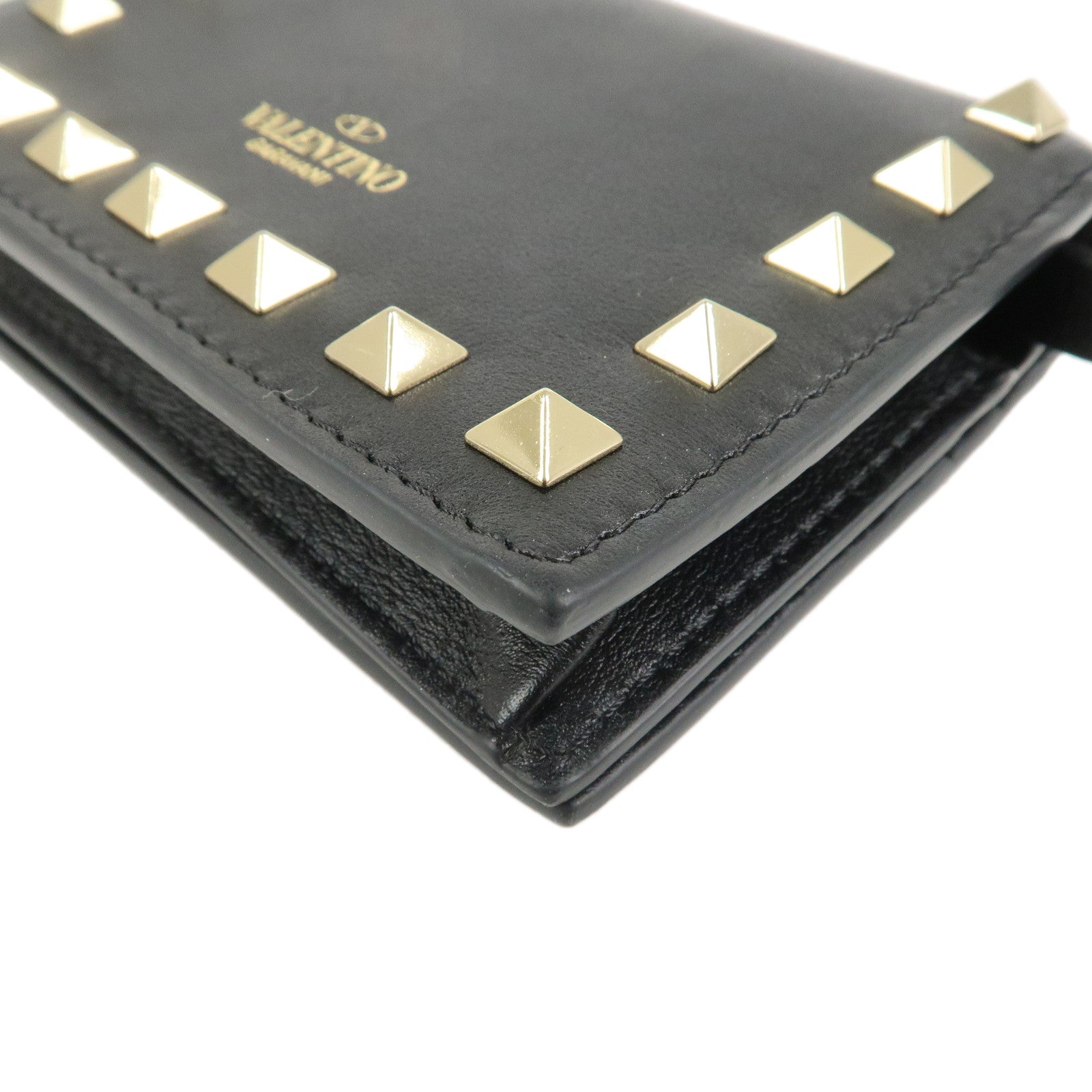 VALENTINO Leather Studs Compact Bi-Fold Wallet Black Gold