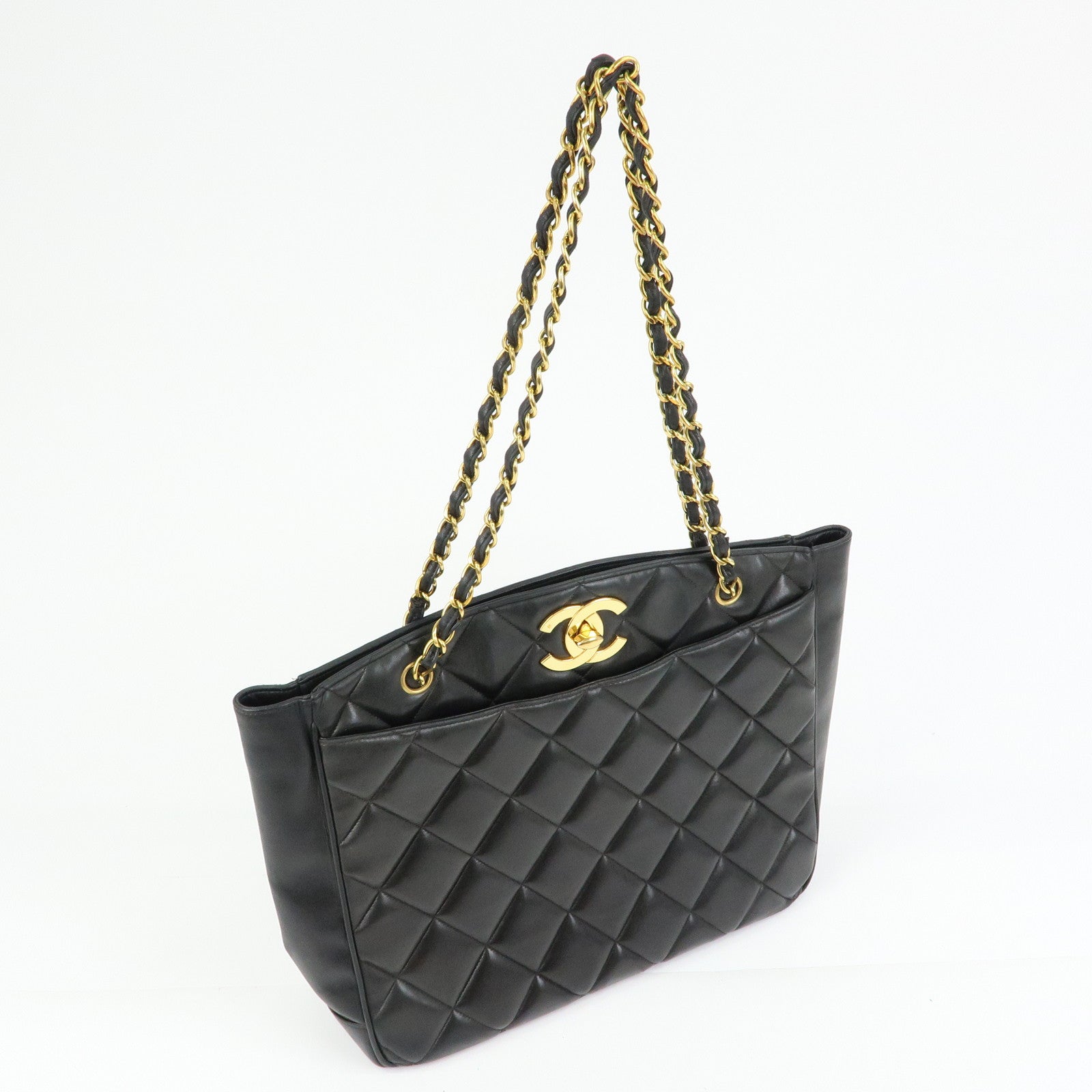 CHANEL Matelasse COCO Mark Lamb Skin Tote Bag Shoulder Bag Black