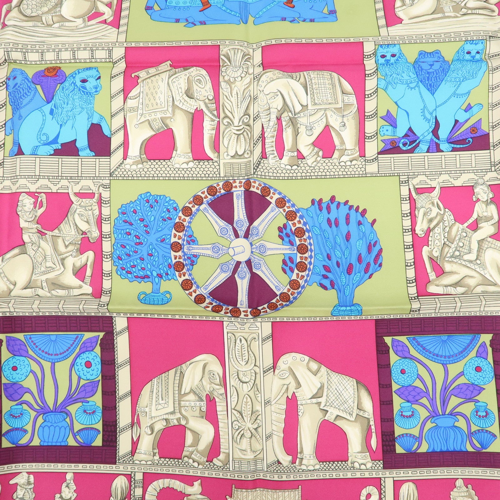 HERMES Carre 90 Silk 100% Scarf TORANA Pink Blue Green Used