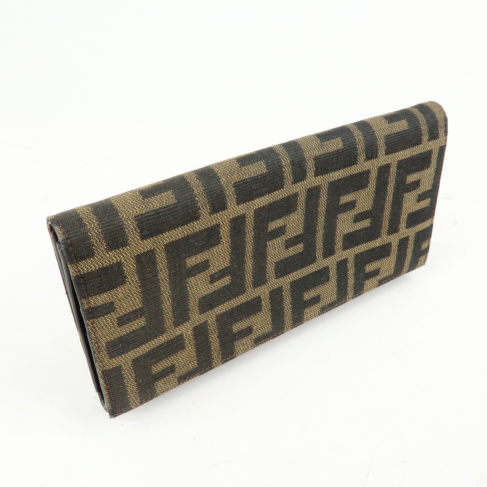 FENDI Zucca Canvas Leather Bi-Fold Long Wallet Black Brown 8M0000