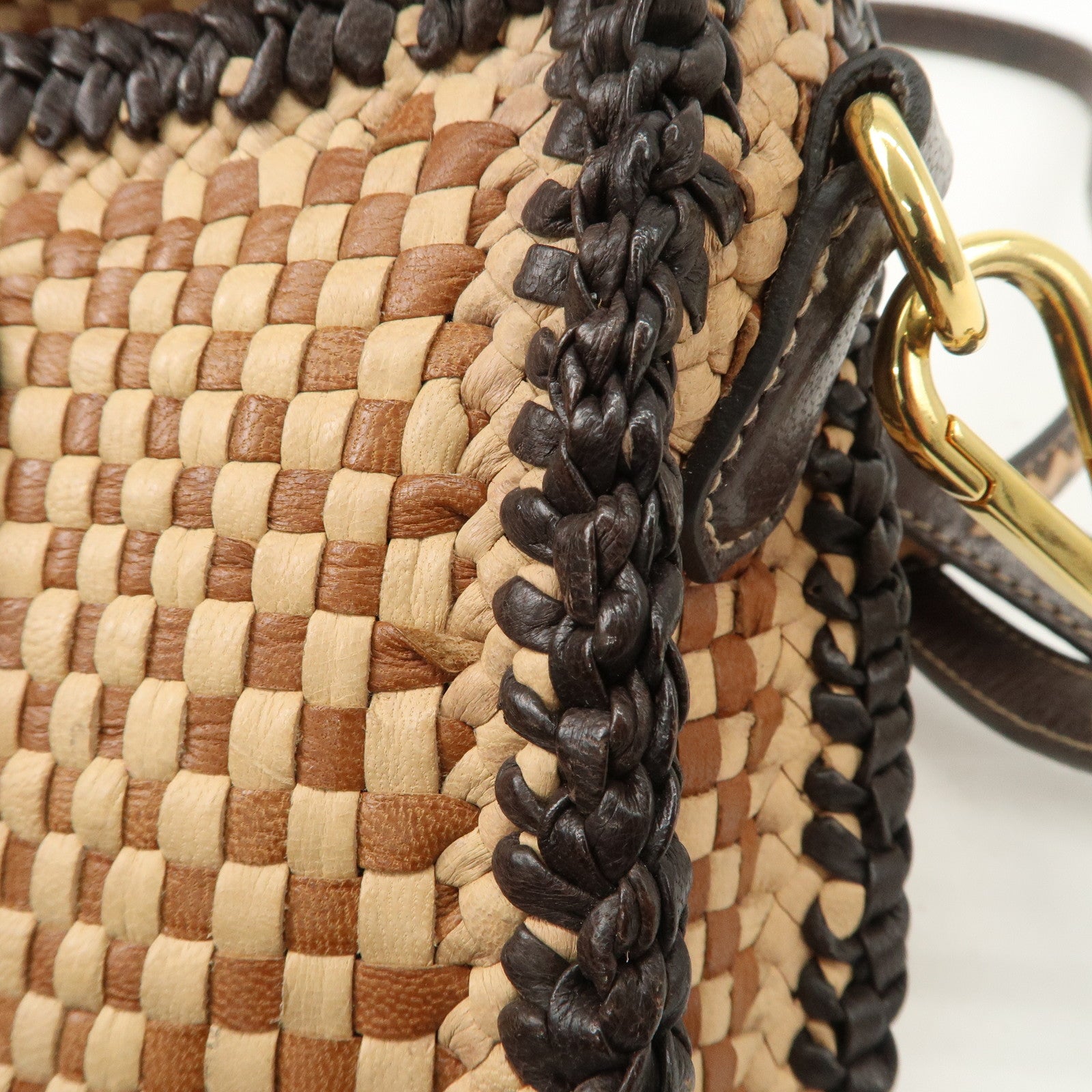 PRADA Madras Leather Shoulder bag Beige Brown BT781V Used