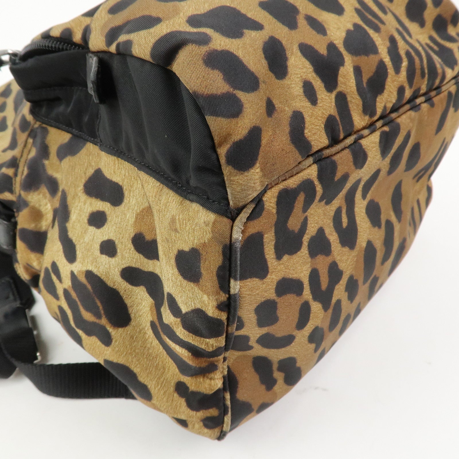 PRADA Nylon Leather Backpack Rucksack Leopard Black 1BZ001