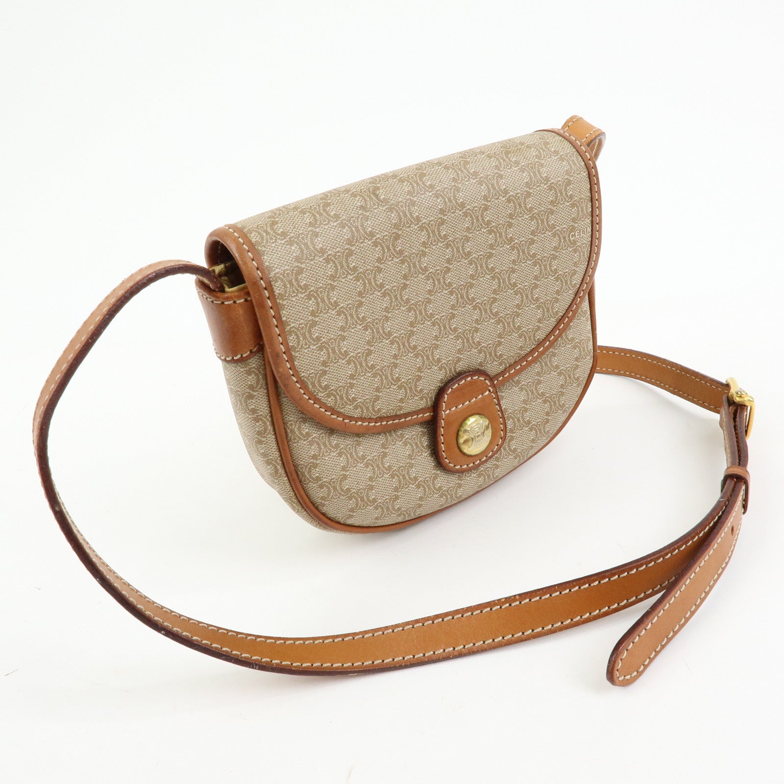 CELINE Macadam PVC Leather Shoulder Bag Crossbody Bag Beige Brown
