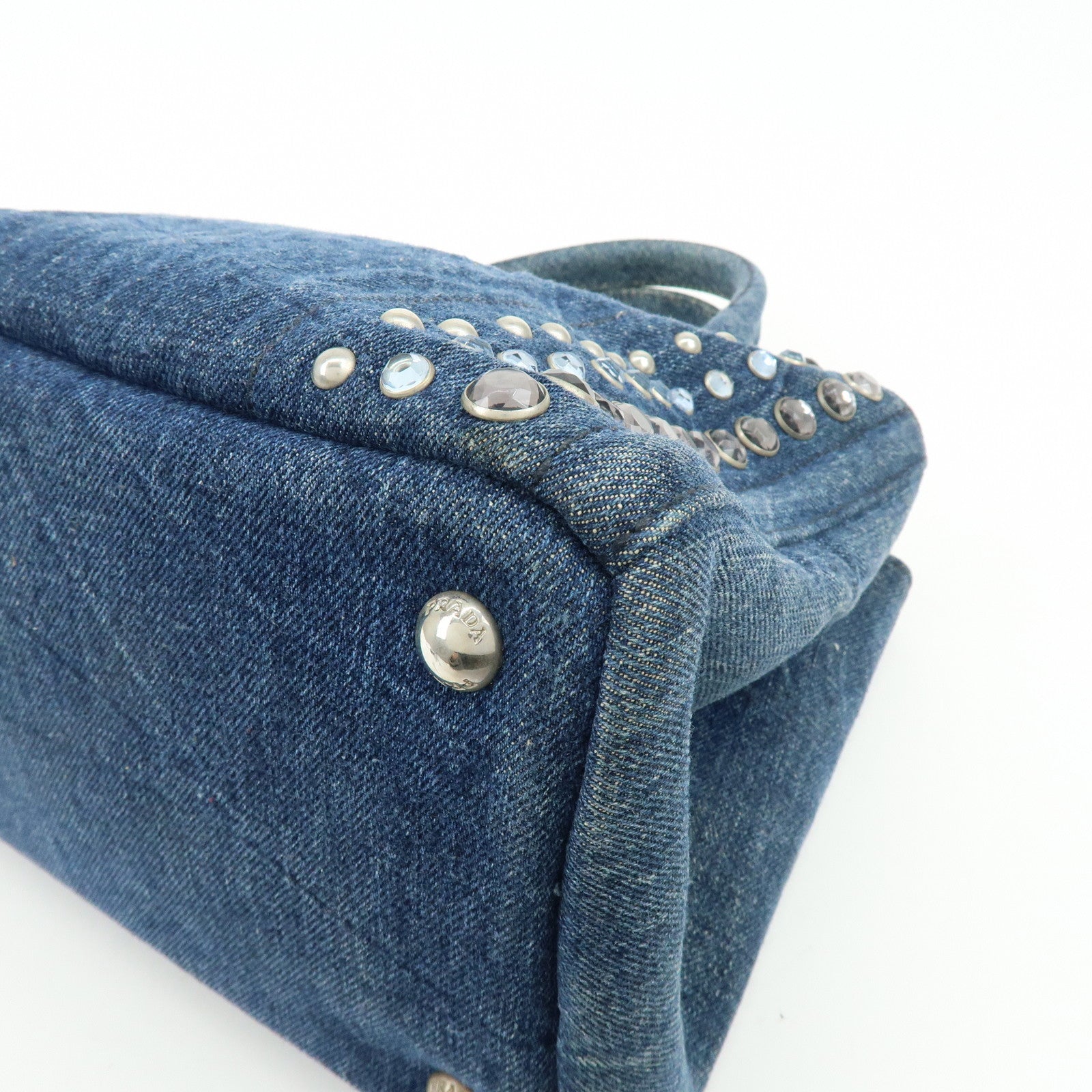 PRADA Canapa Mini Triangle Logo Denim 2Way Tote Shoulder Bag B2439O