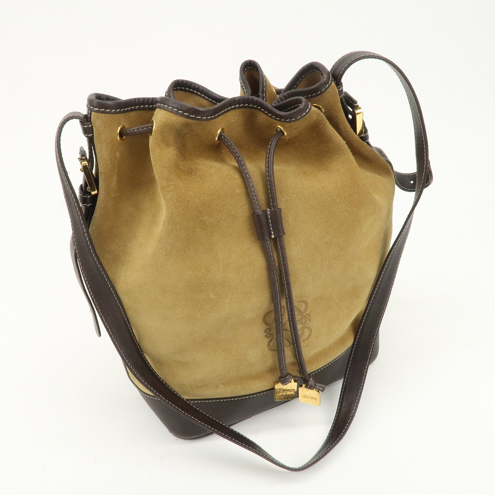LOEWE Anagram Logo Suede Leather Shoulder Bag Brown