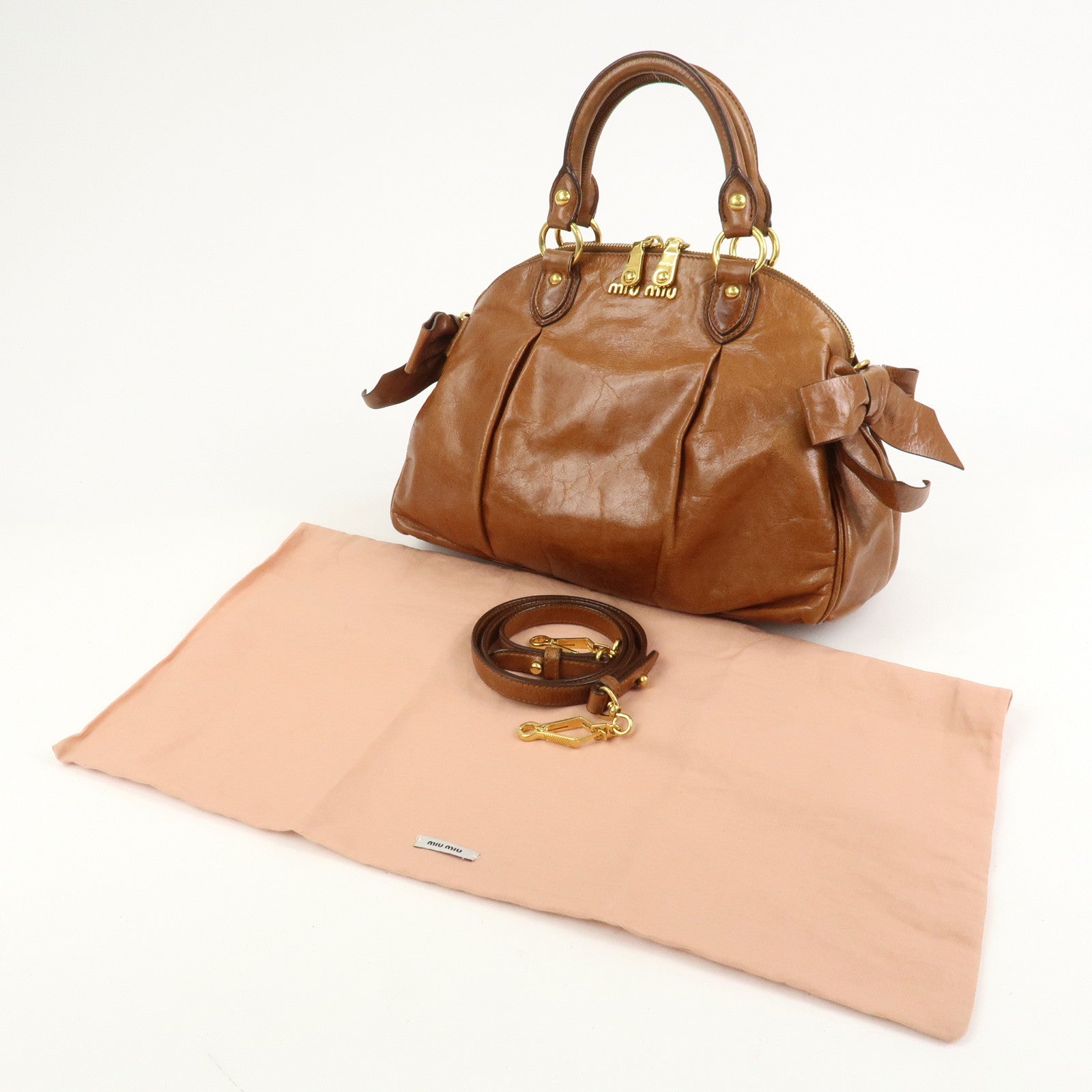 MIU MIU Side Ribbon Leather 2Way Bag Hand Bag Shoulder Bag Brown