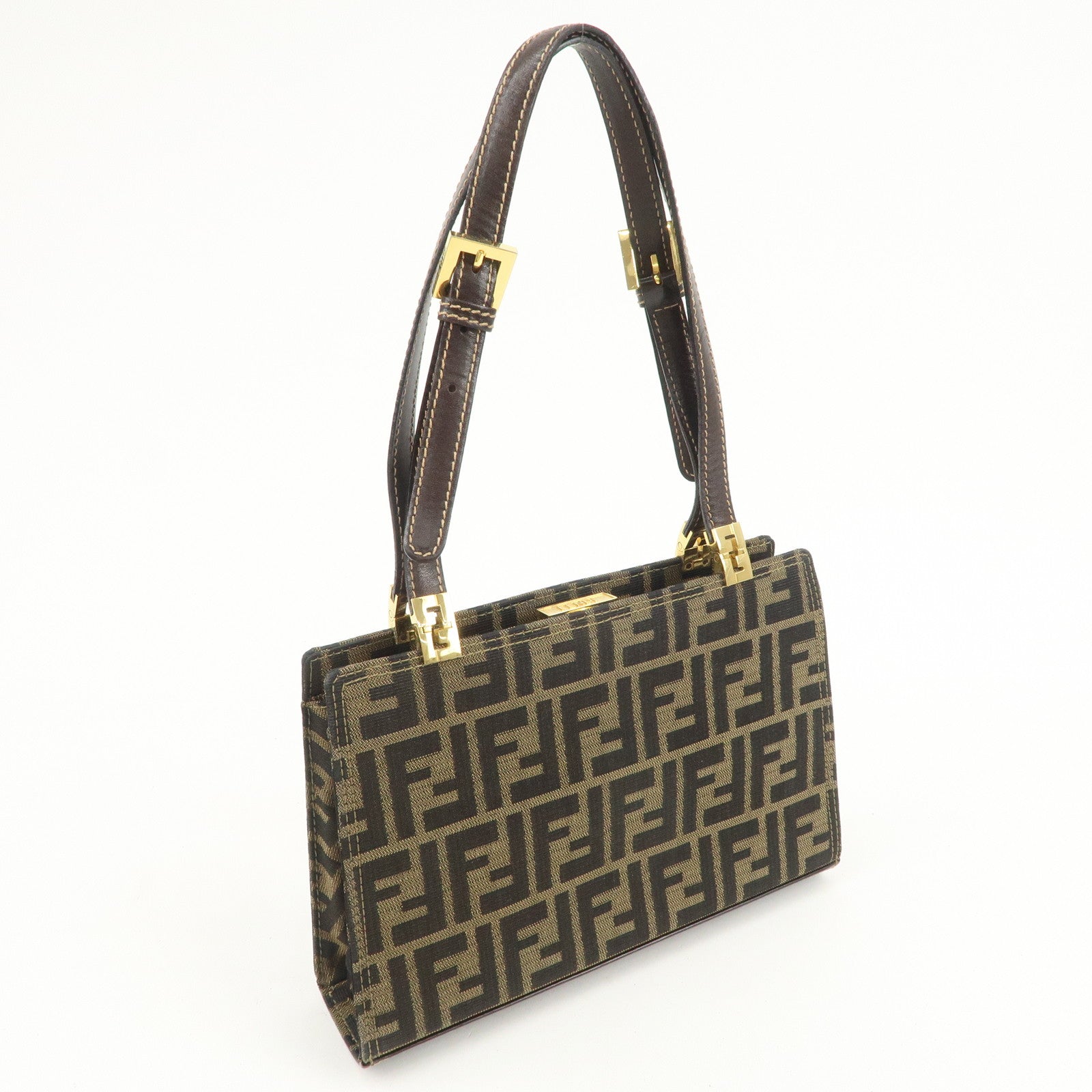 FENDI Zucca Canvas Leather Shoulder Bag Hand Bag Brown Black