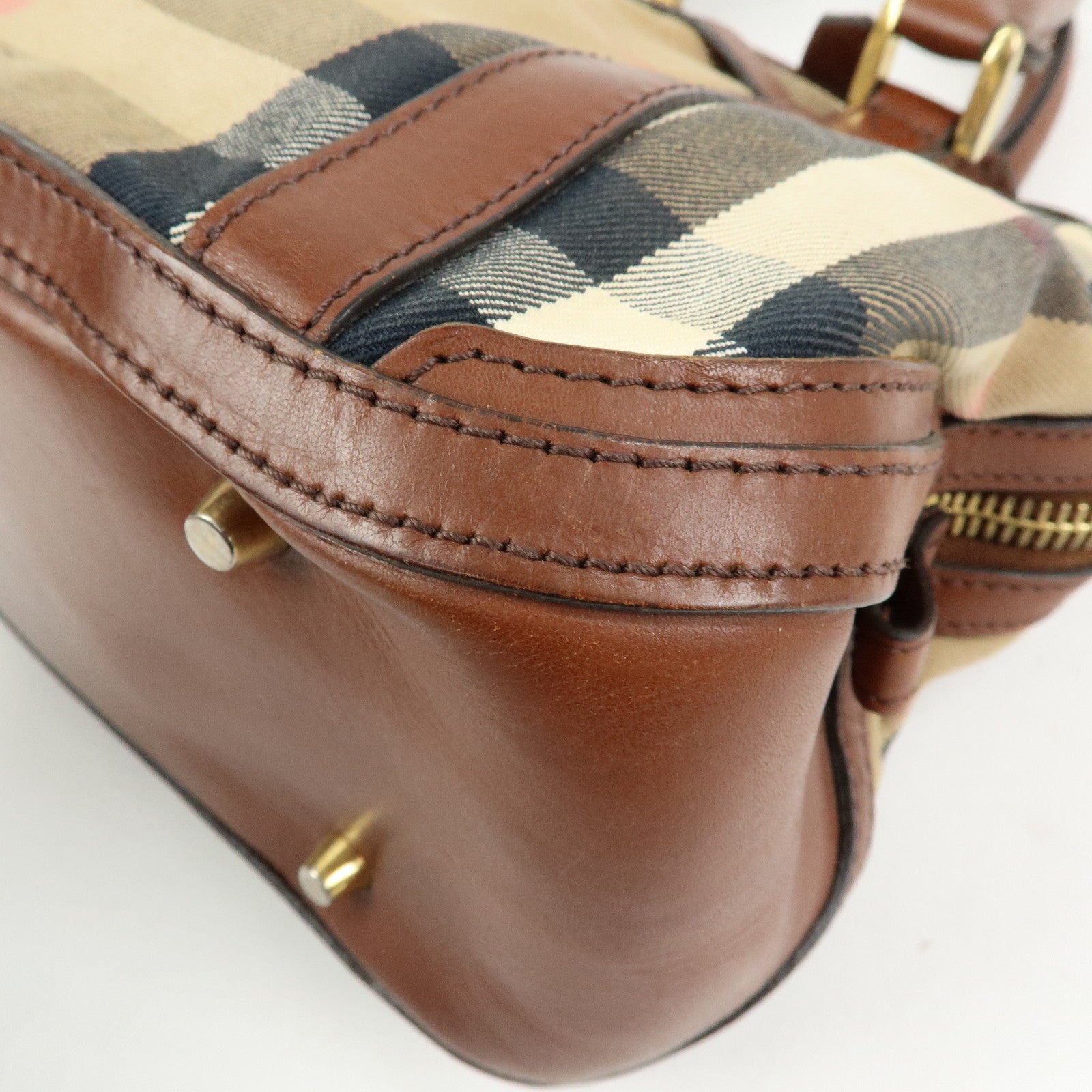 BURBERRY Nova Plaid Canvas Leather Hand Bag Beige Brown