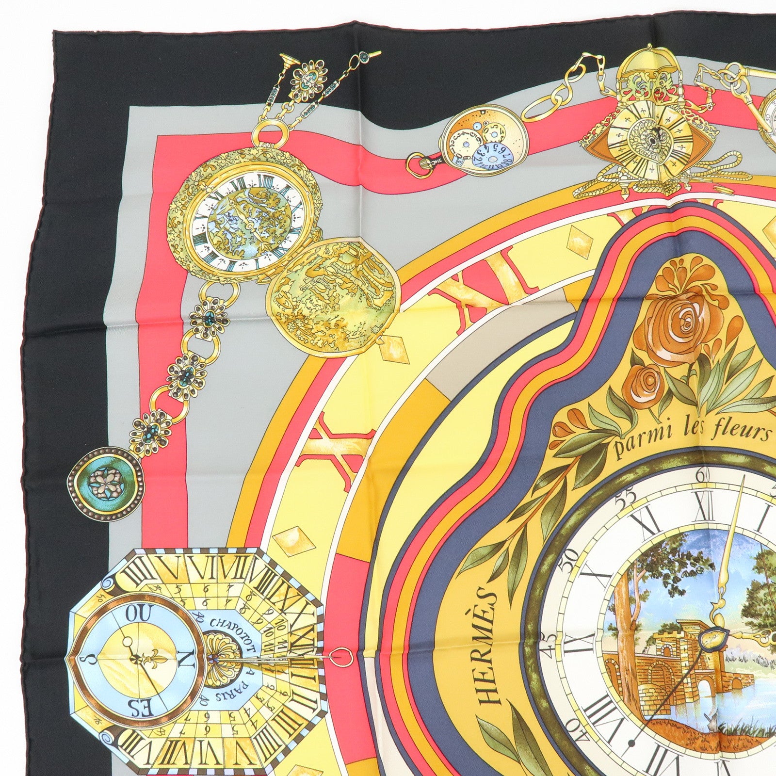 HERMES Carre90 Silk100% Scarf Parmi les fleurs je compte les heures
