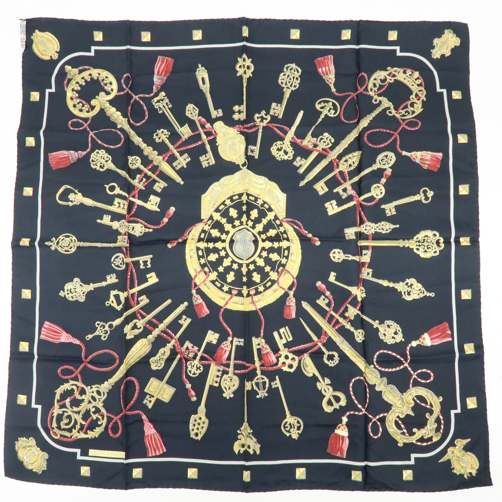 HERMES Carre 90 Silk 100% Scarf LES CLES THE KEYS RARE Black