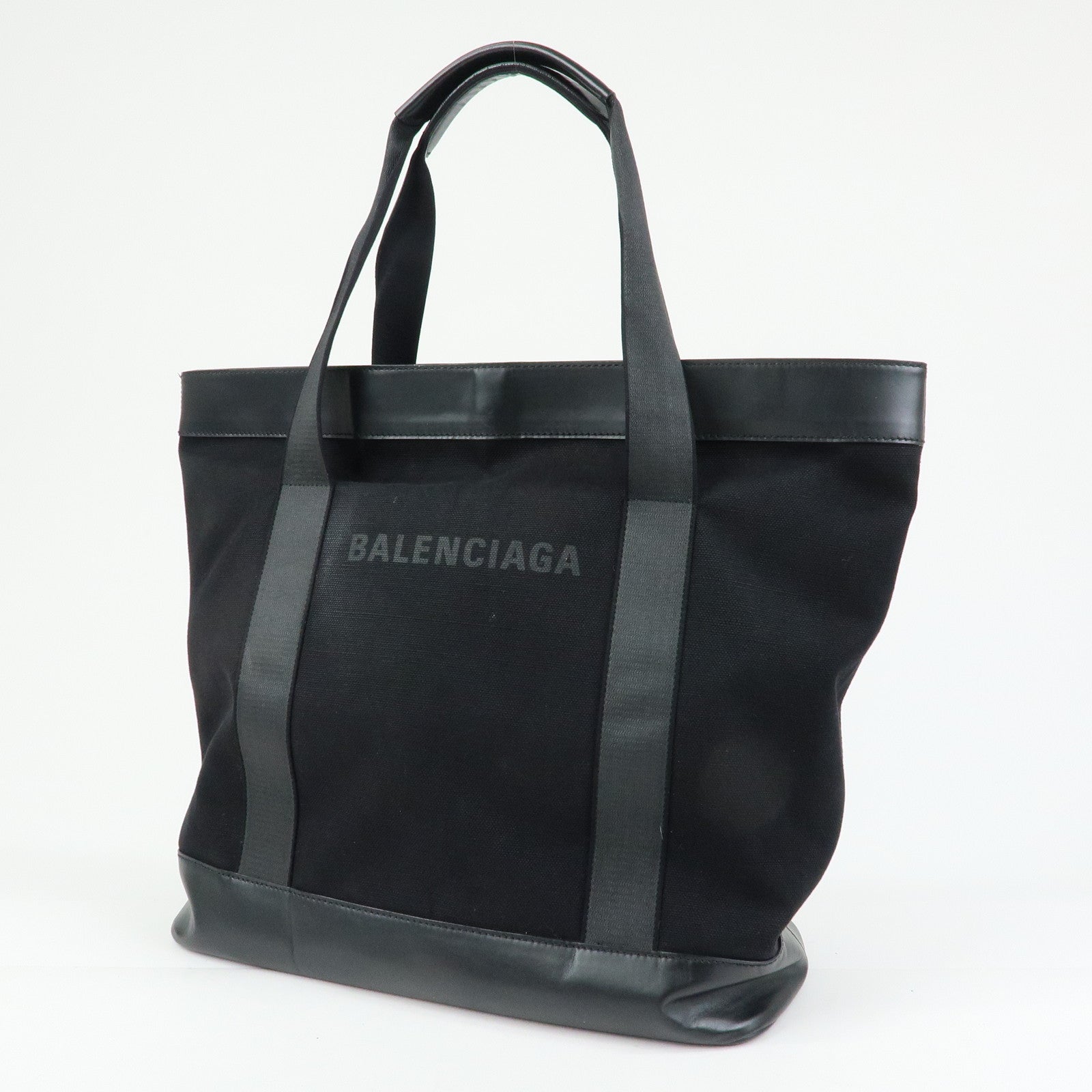 BALENCIAGA Navy Tote Canvas Leather Tote Bag Hand Bag Black 374767