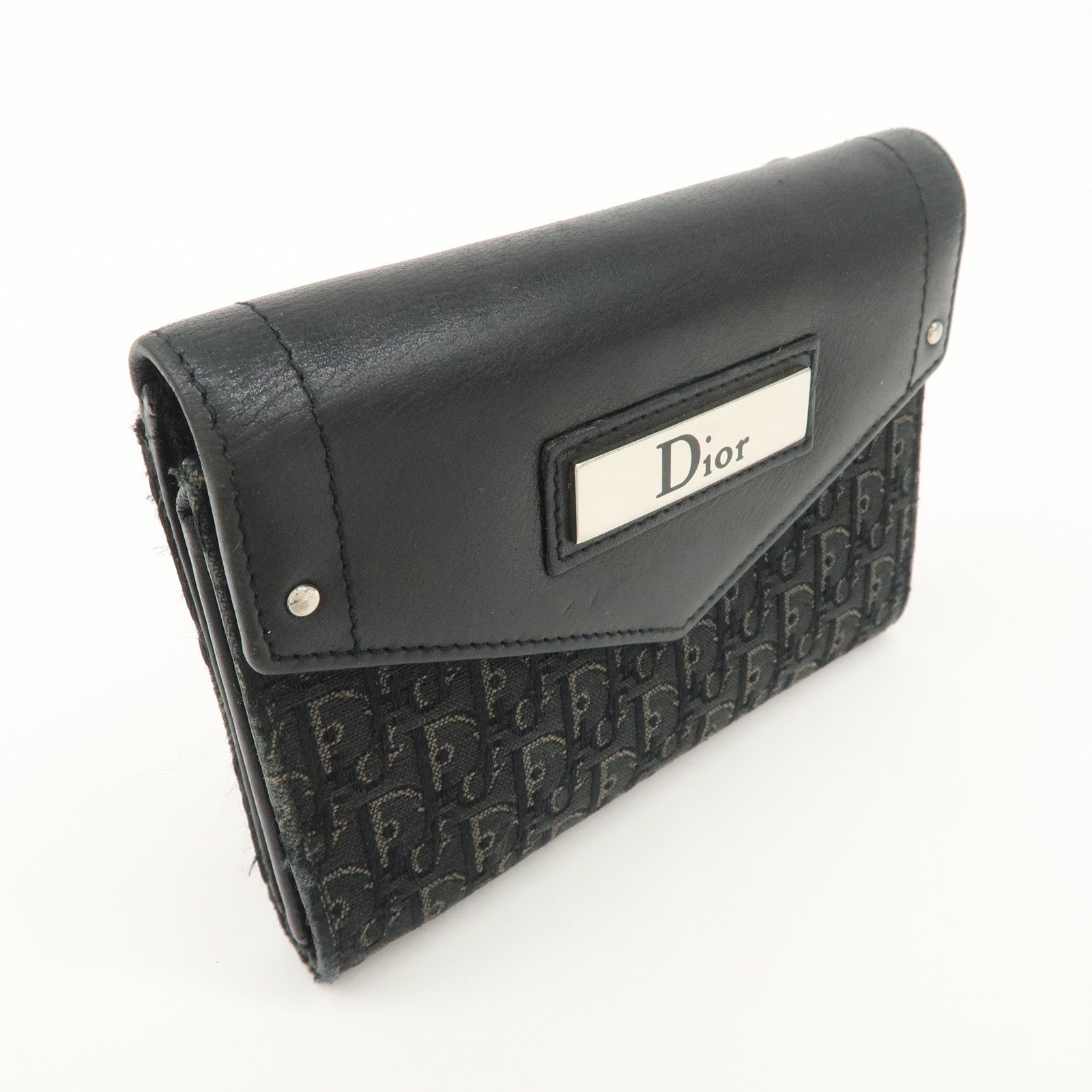 Christian Dior Trotter Leather Canvas Tri-Hold Wallet Black Silver