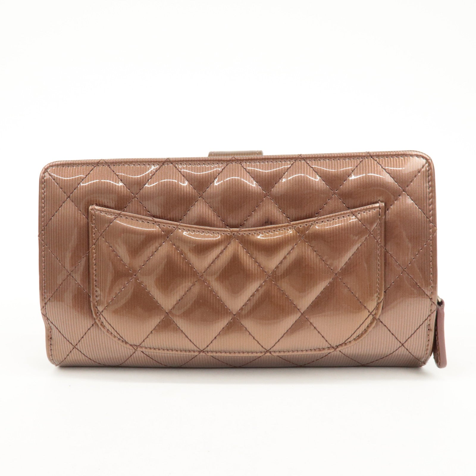 CHANEL Matelasse Patent Leather Long Wallet Silver HDW Brown Used