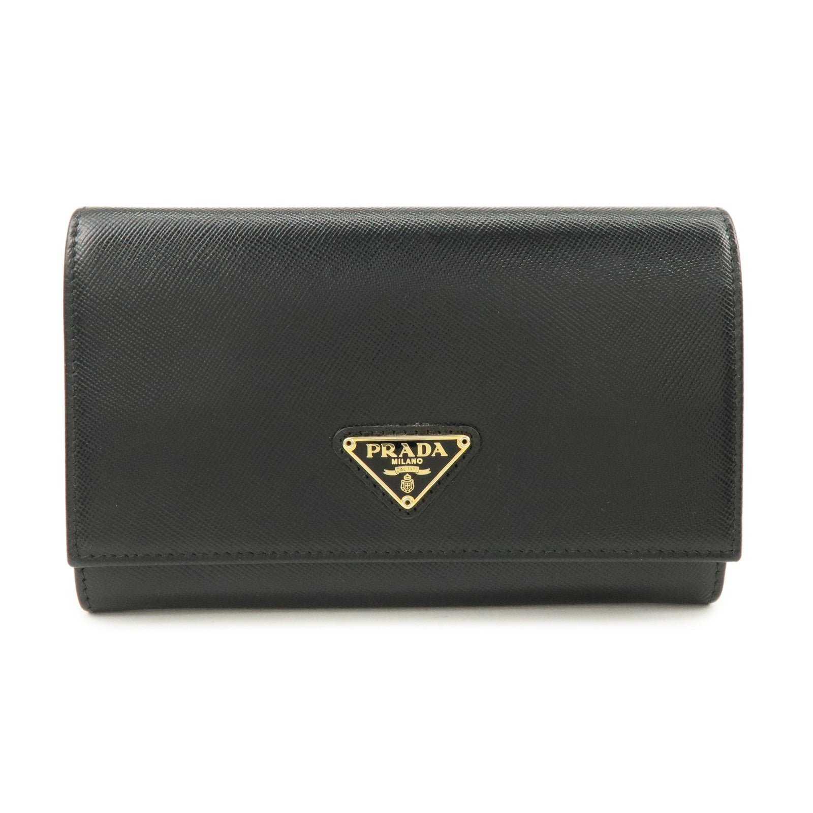 PRADA Triangle Logo Saffiano Leather Bi-fold Flap Wallet Black