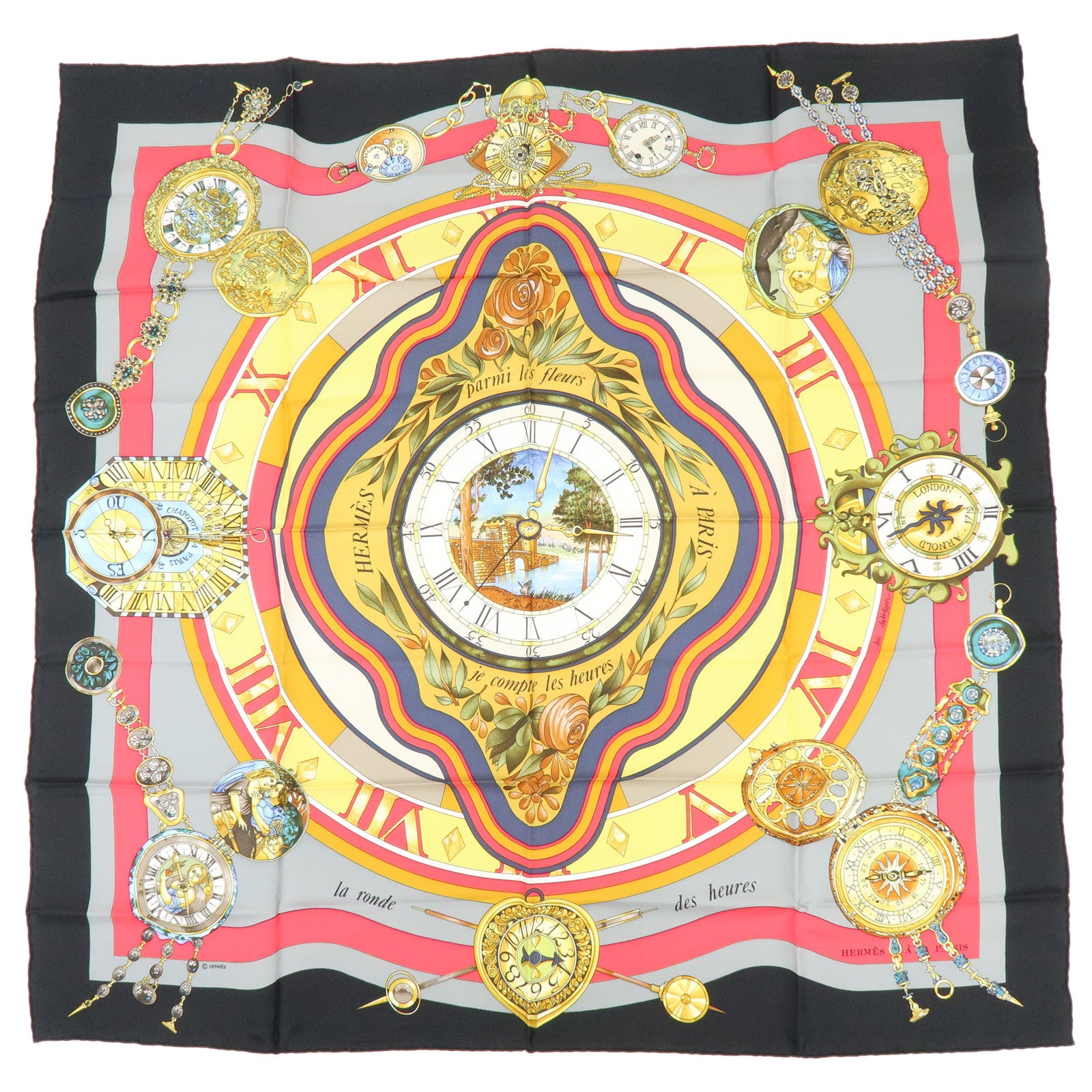 HERMES Carre90 Silk100% Scarf Parmi les fleurs je compte les heures