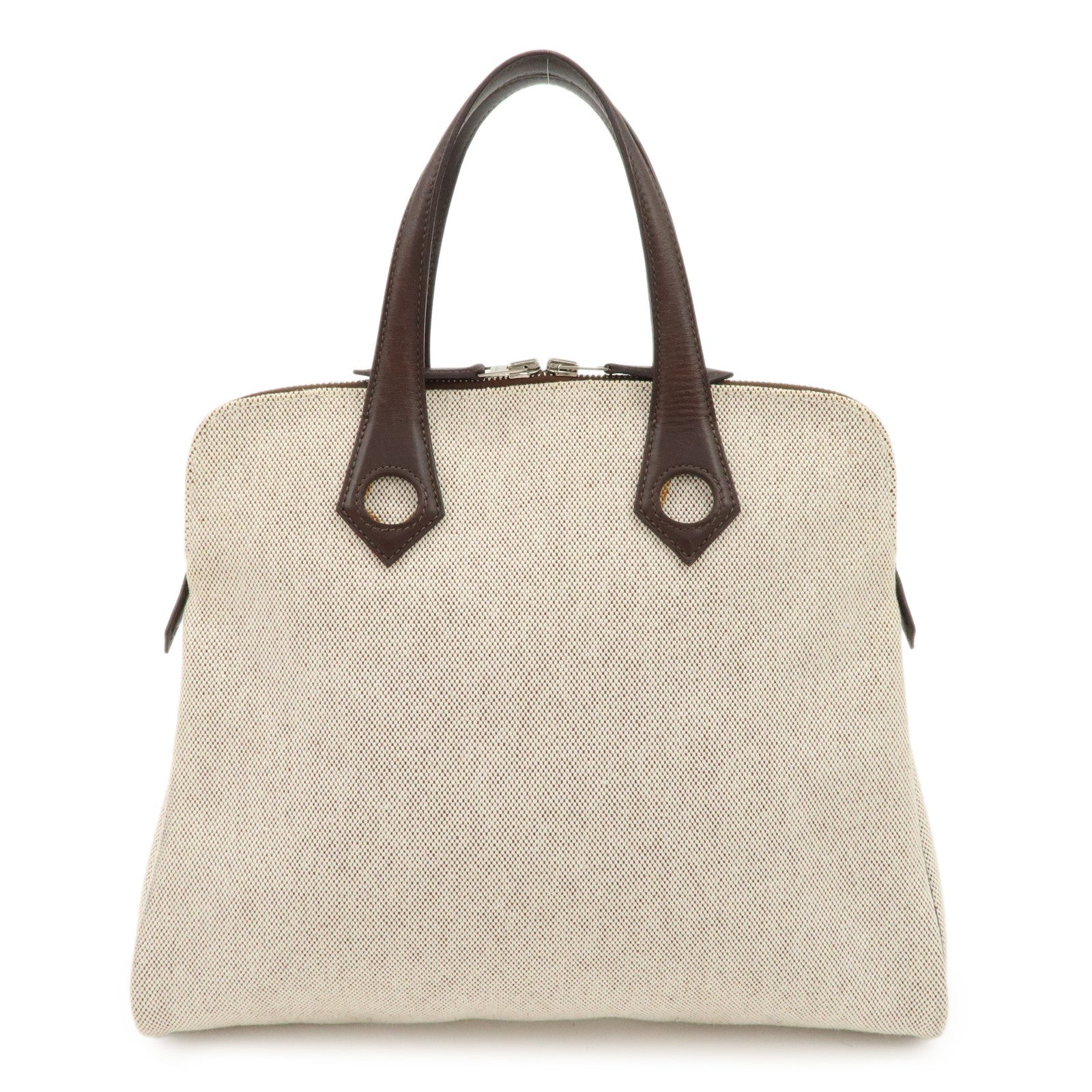 HERMES Leather Toile Ash Sac Eve MM J Engraved Hand Bag Natural