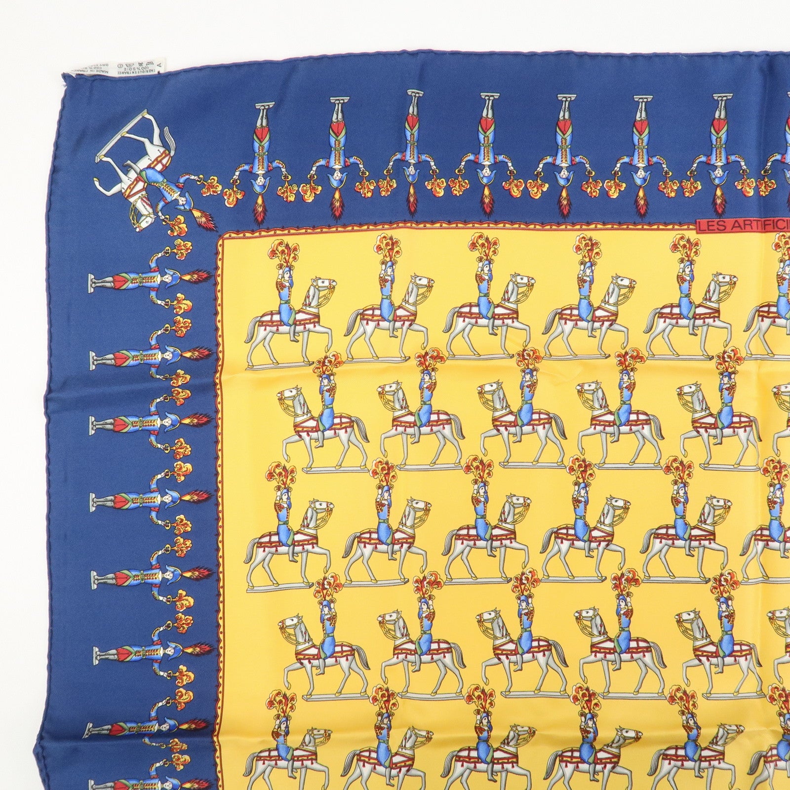 HERMES Carre 90 Silk 100% Scarf Les Artificiers Navy Yellow