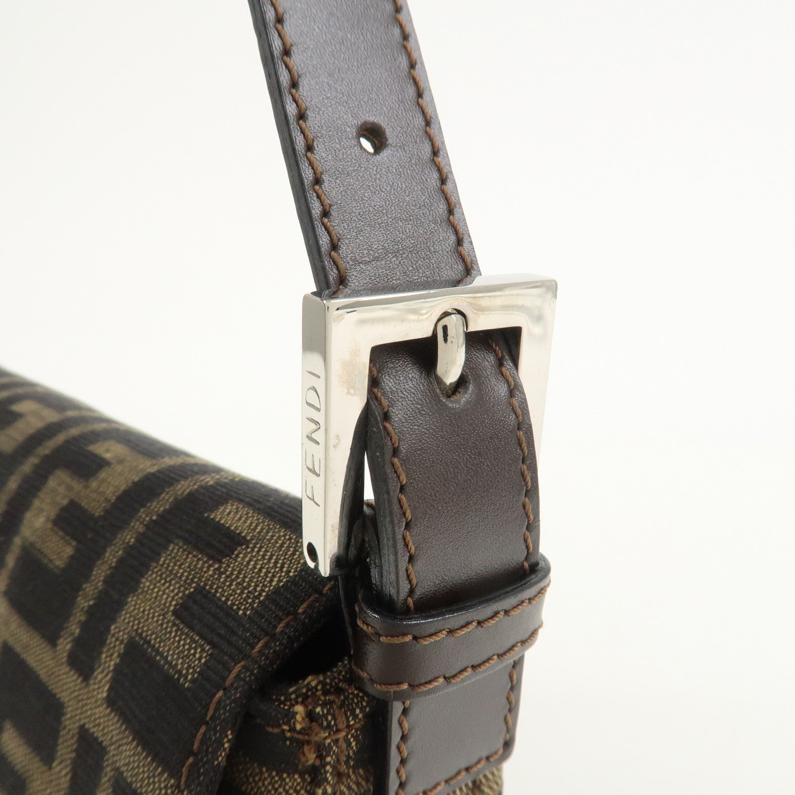 FENDI Mamma Baguette Canvas Leather Shoulder Bag Brown 26424