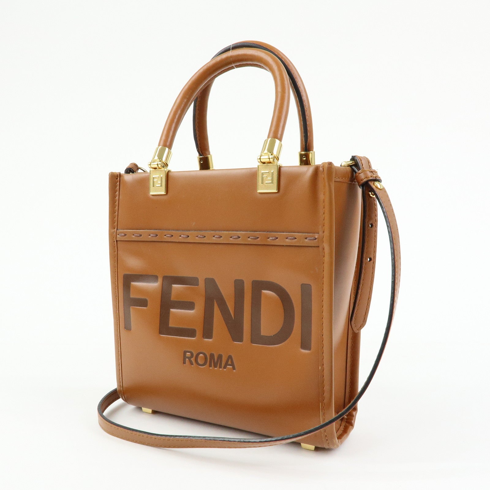 FENDI Leather Sunshine Shopper Small 2Way Hand Bag Brown 8BS092